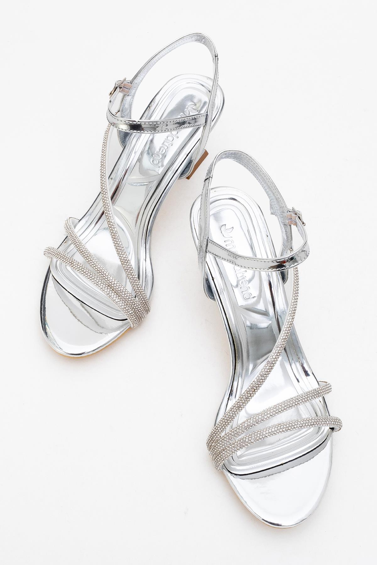 Kadın İki Biyel Bir Çapraz Taşlı Topuklu Sandalet GÜMÜŞ AYNA - Görsel 6