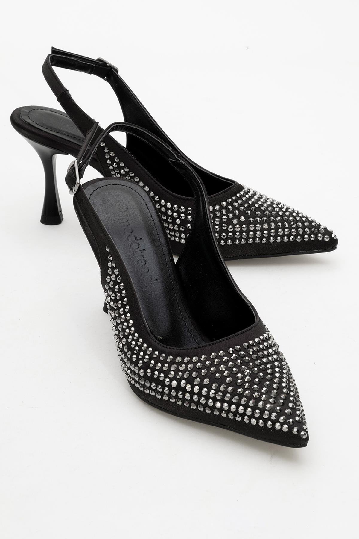 Taşlı Sivri Burunlu Kadın Topuklu Ayakkabı SİYAH SATEN - Görsel 2