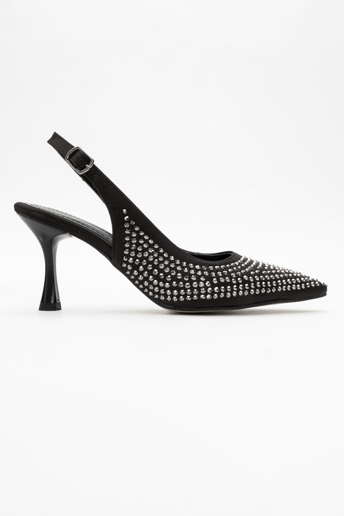 Taşlı Sivri Burunlu Kadın Topuklu Ayakkabı SİYAH SATEN - Görsel 3