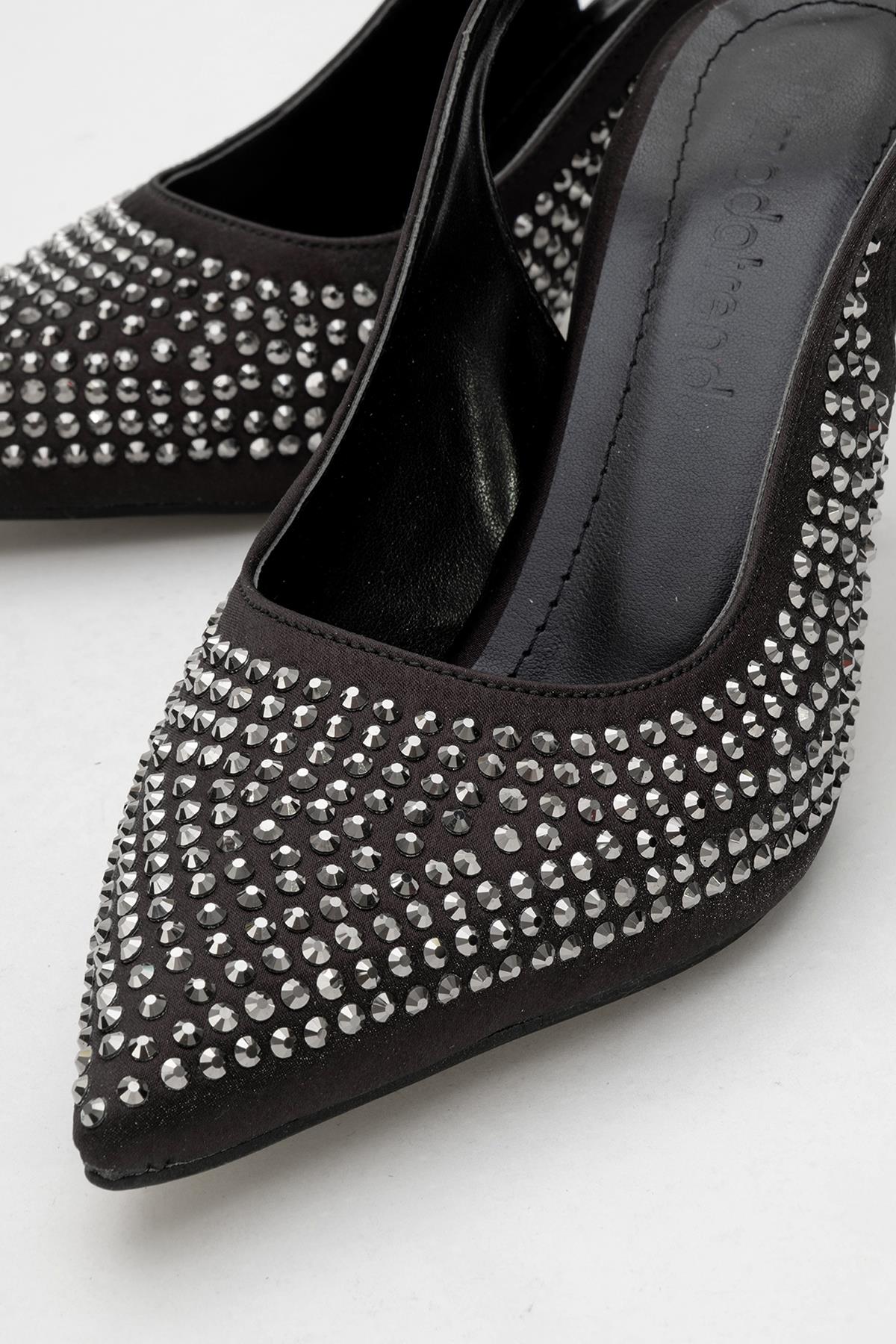 Taşlı Sivri Burunlu Kadın Topuklu Ayakkabı SİYAH SATEN - Görsel 4