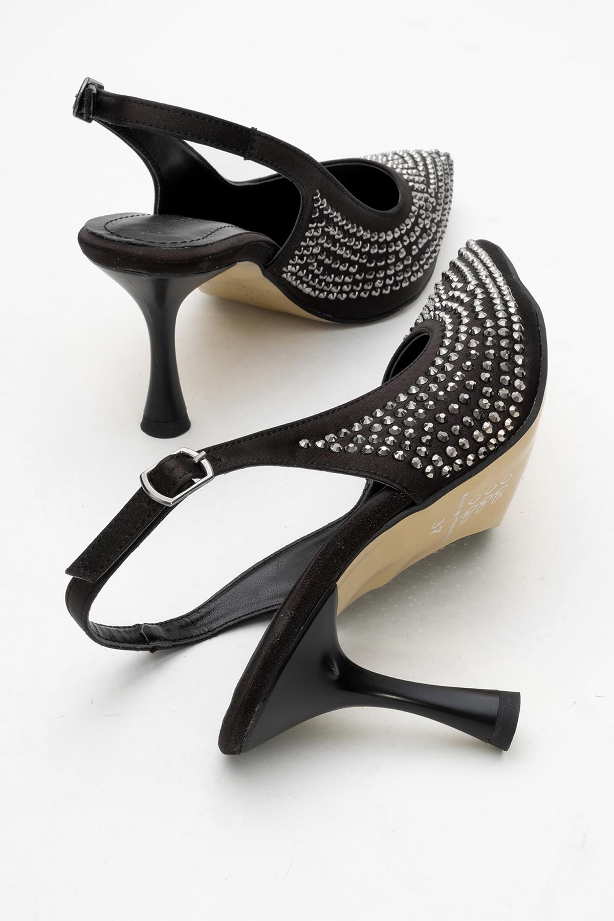 Taşlı Sivri Burunlu Kadın Topuklu Ayakkabı SİYAH SATEN - Görsel 5
