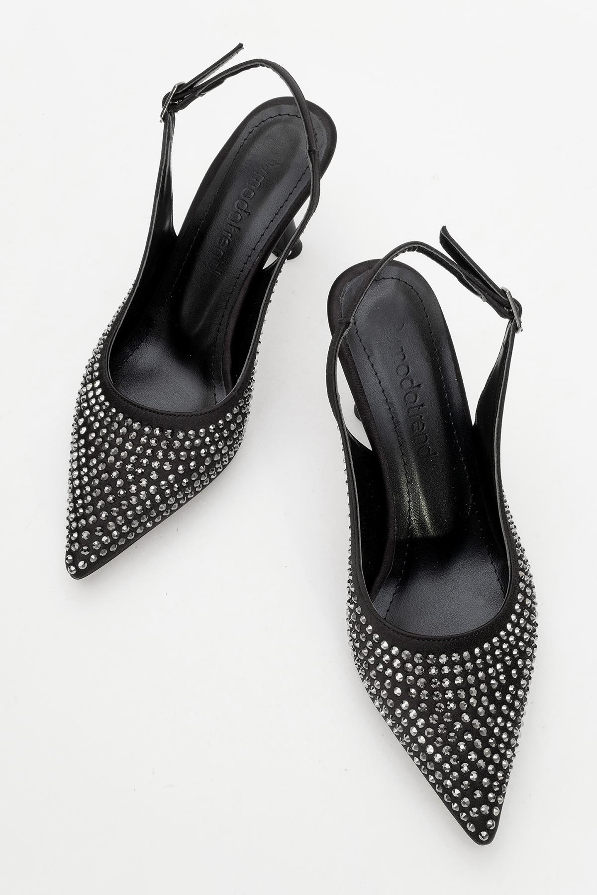 Taşlı Sivri Burunlu Kadın Topuklu Ayakkabı SİYAH SATEN - Görsel 6