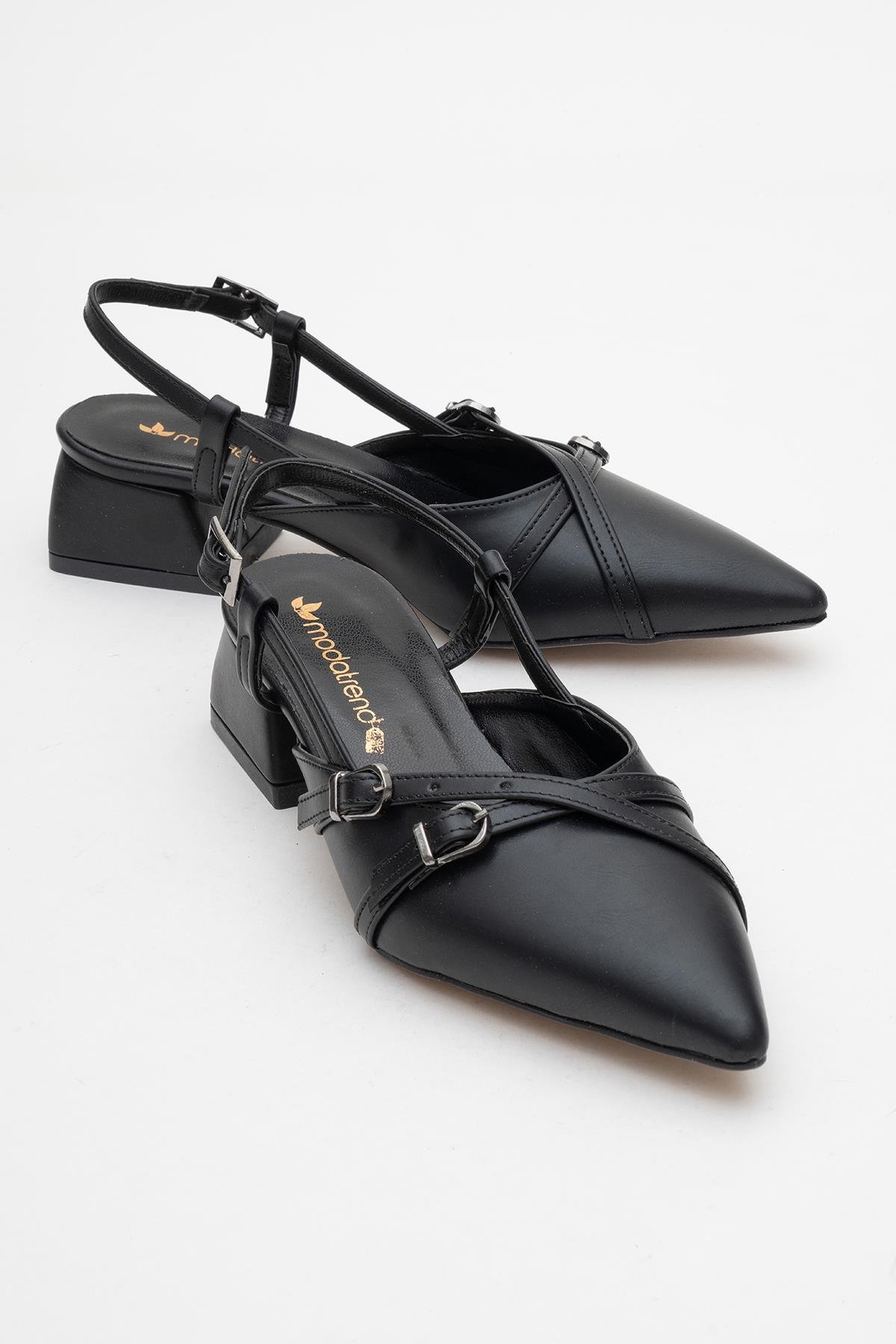 Kadın Arkası Açık Çapraz Tokalı Topuklu Ayakkabı SİYAH CİLT - Görsel 2