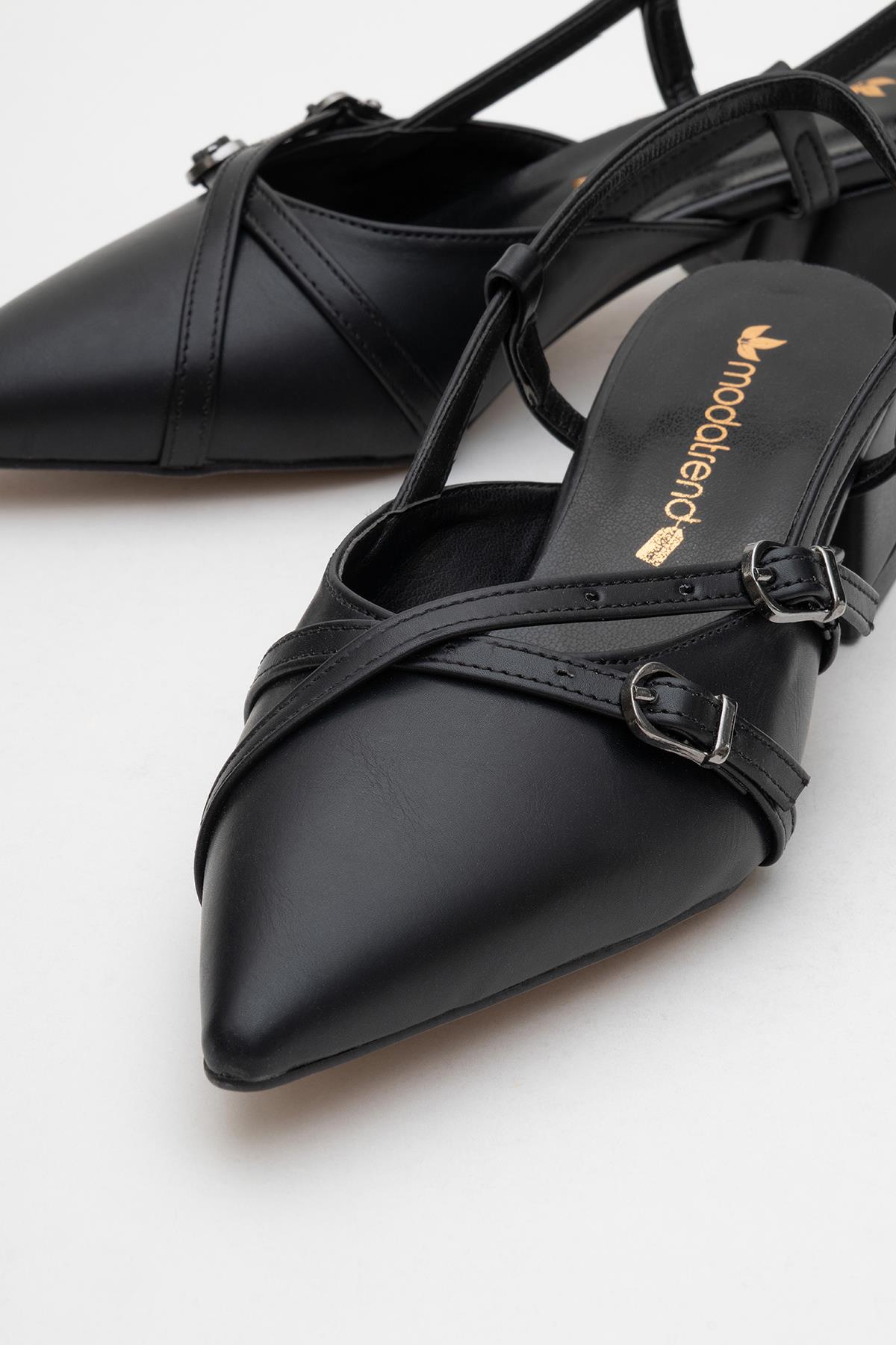 Kadın Arkası Açık Çapraz Tokalı Topuklu Ayakkabı SİYAH CİLT - Görsel 4