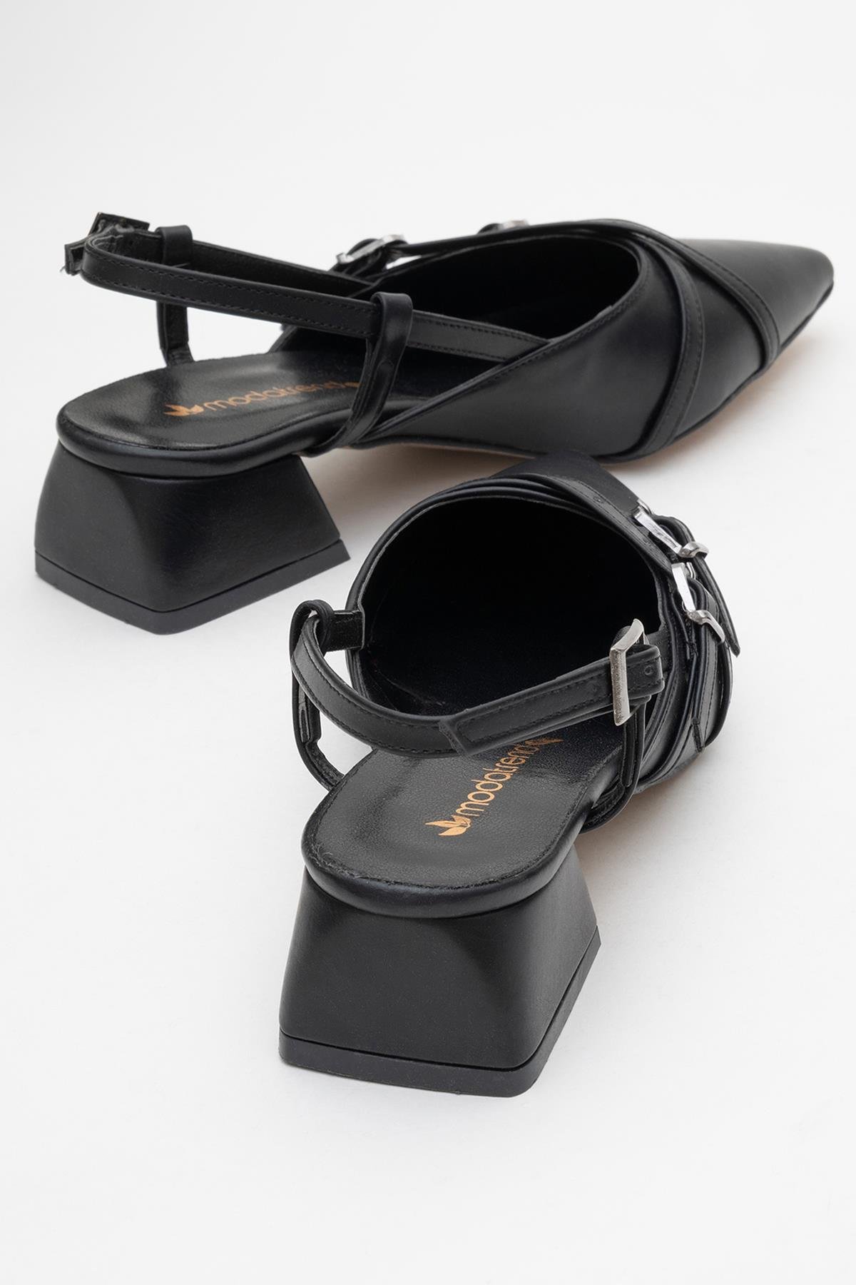 Kadın Arkası Açık Çapraz Tokalı Topuklu Ayakkabı SİYAH CİLT - Görsel 5