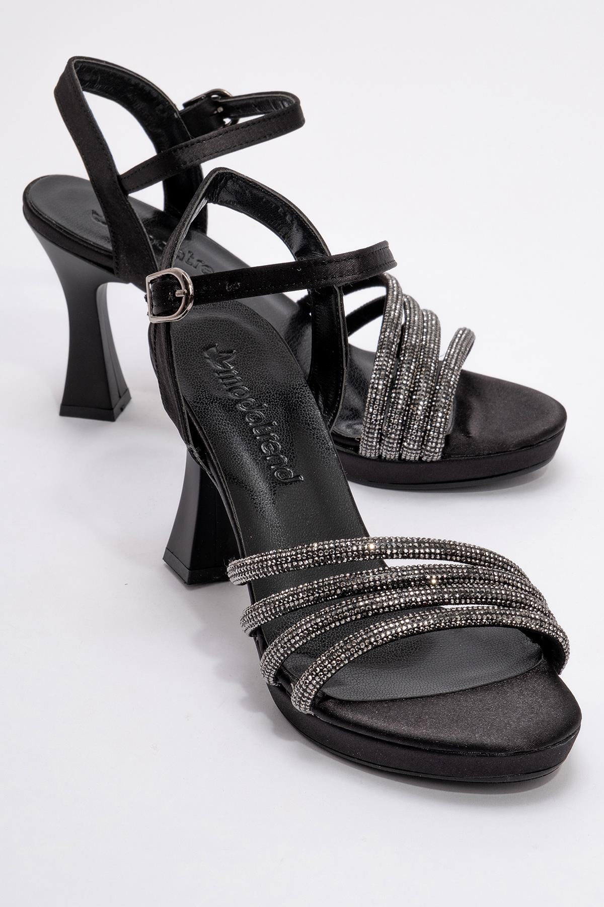 Kadın Biyeli Taşlı Topuklu Sandalet SİYAH SATEN - Görsel 2