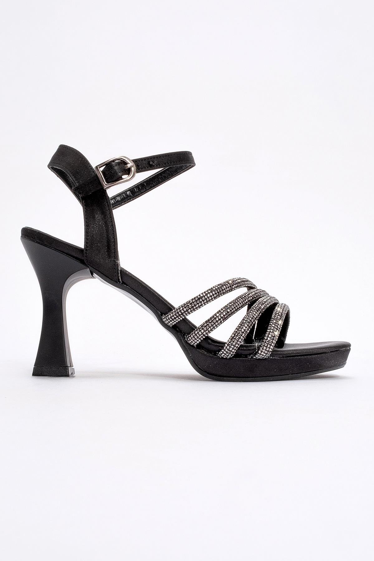 Kadın Biyeli Taşlı Topuklu Sandalet SİYAH SATEN - Görsel 3