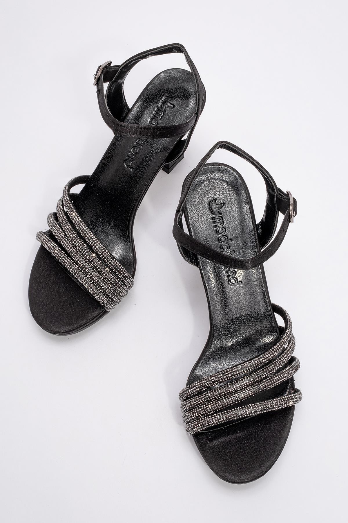 Kadın Biyeli Taşlı Topuklu Sandalet SİYAH SATEN - Görsel 6