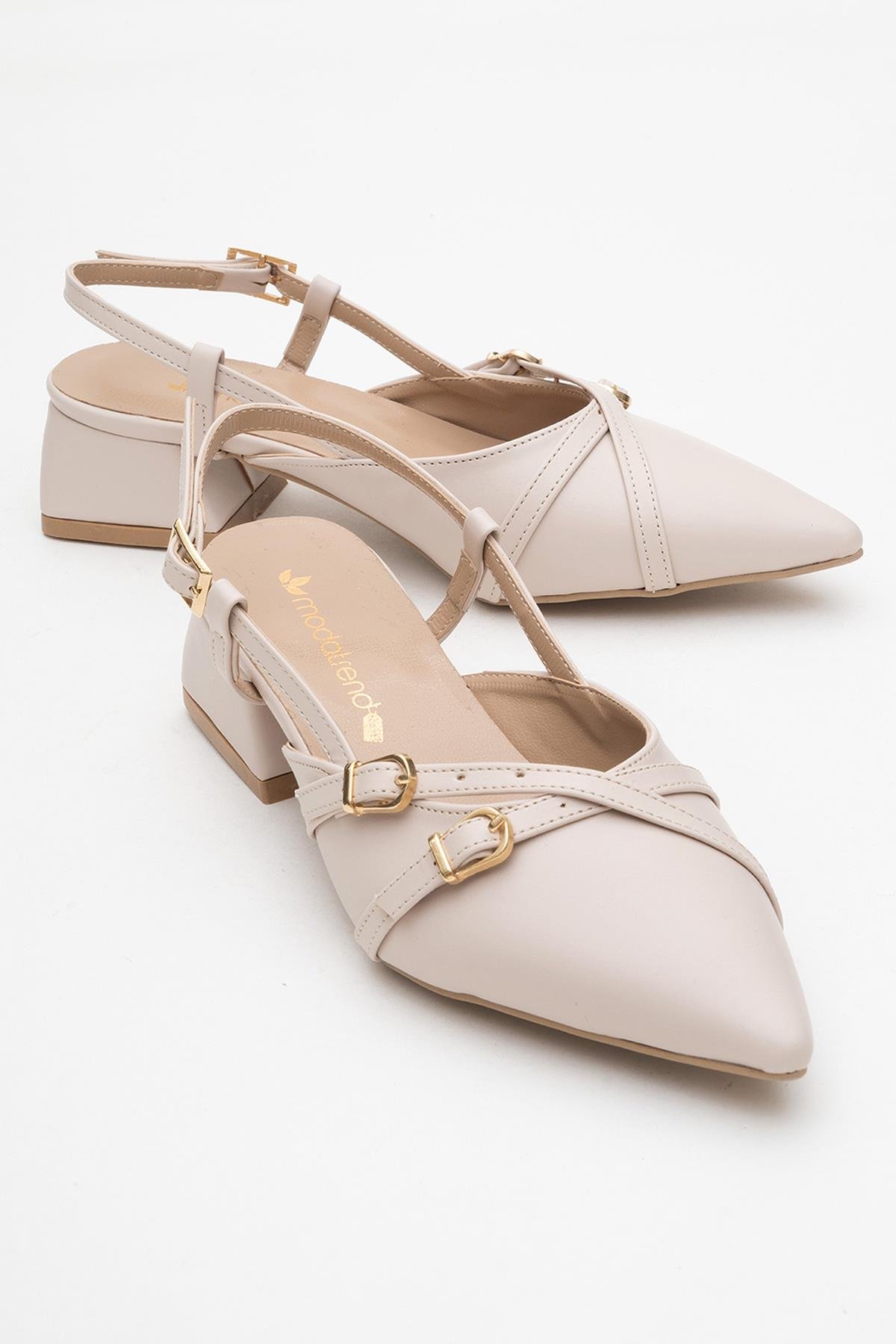 Kadın Arkası Açık Çapraz Tokalı Topuklu Ayakkabı BEJ CİLT - Görsel 2