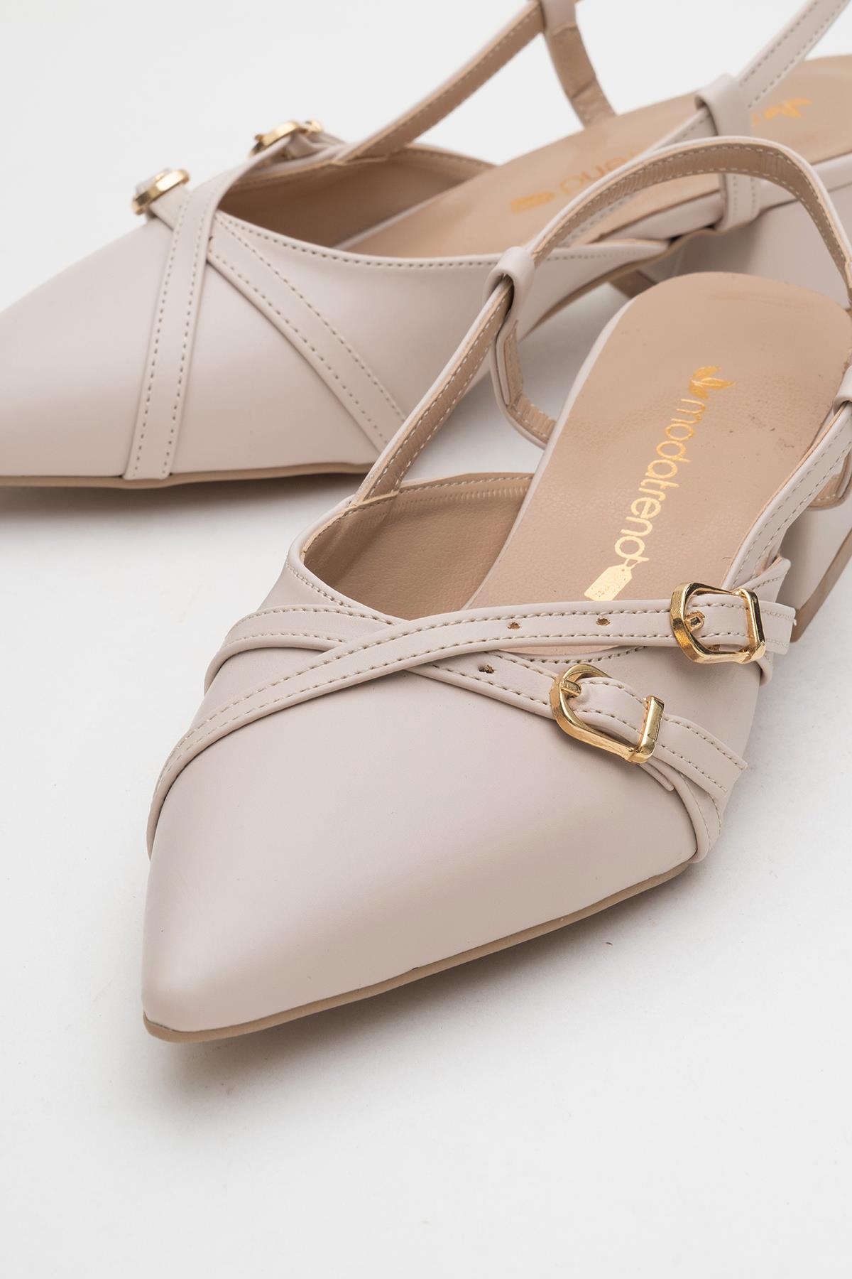 Kadın Arkası Açık Çapraz Tokalı Topuklu Ayakkabı BEJ CİLT - Görsel 4