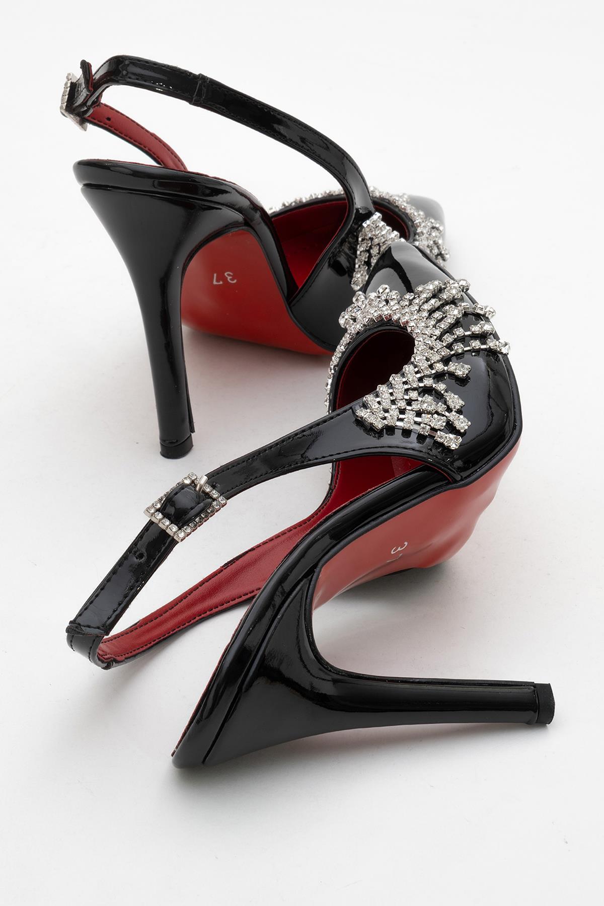 Saçak Taşlı Açık Kadın Stiletto Ayakkabı SİYAH RUGAN - Görsel 5