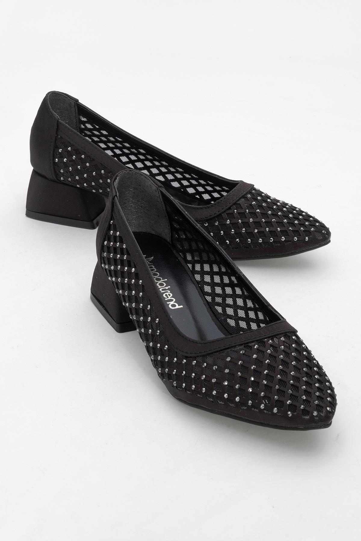 Kadın Taşlı Fileli Topuklu Ayakkab SİYAH SATEN - Görsel 2