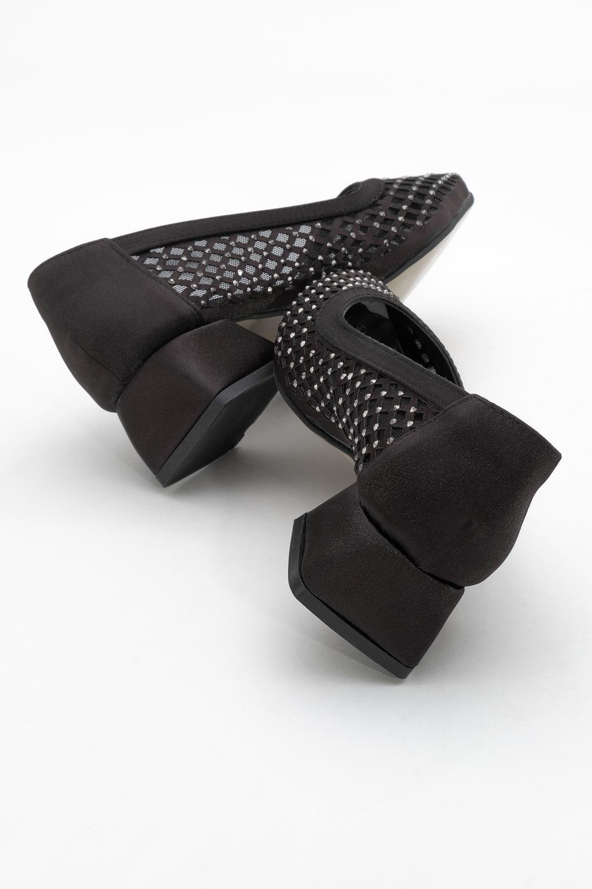 Kadın Taşlı Fileli Topuklu Ayakkab SİYAH SATEN - Görsel 5