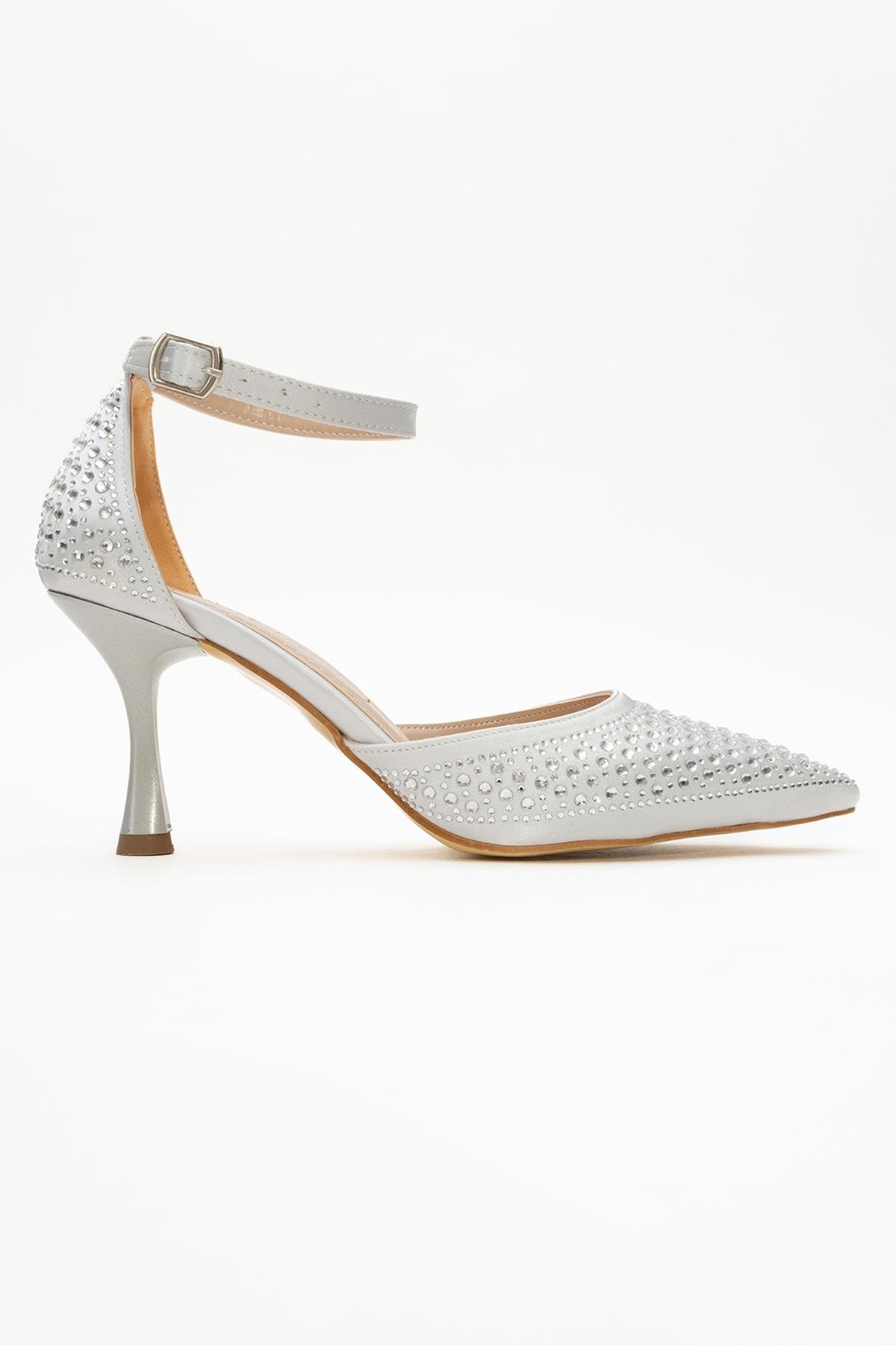 Taşlı Sivri Burunlu Kadın Topuklu Ayakkabı GÜMÜŞ SATEN - Görsel 3