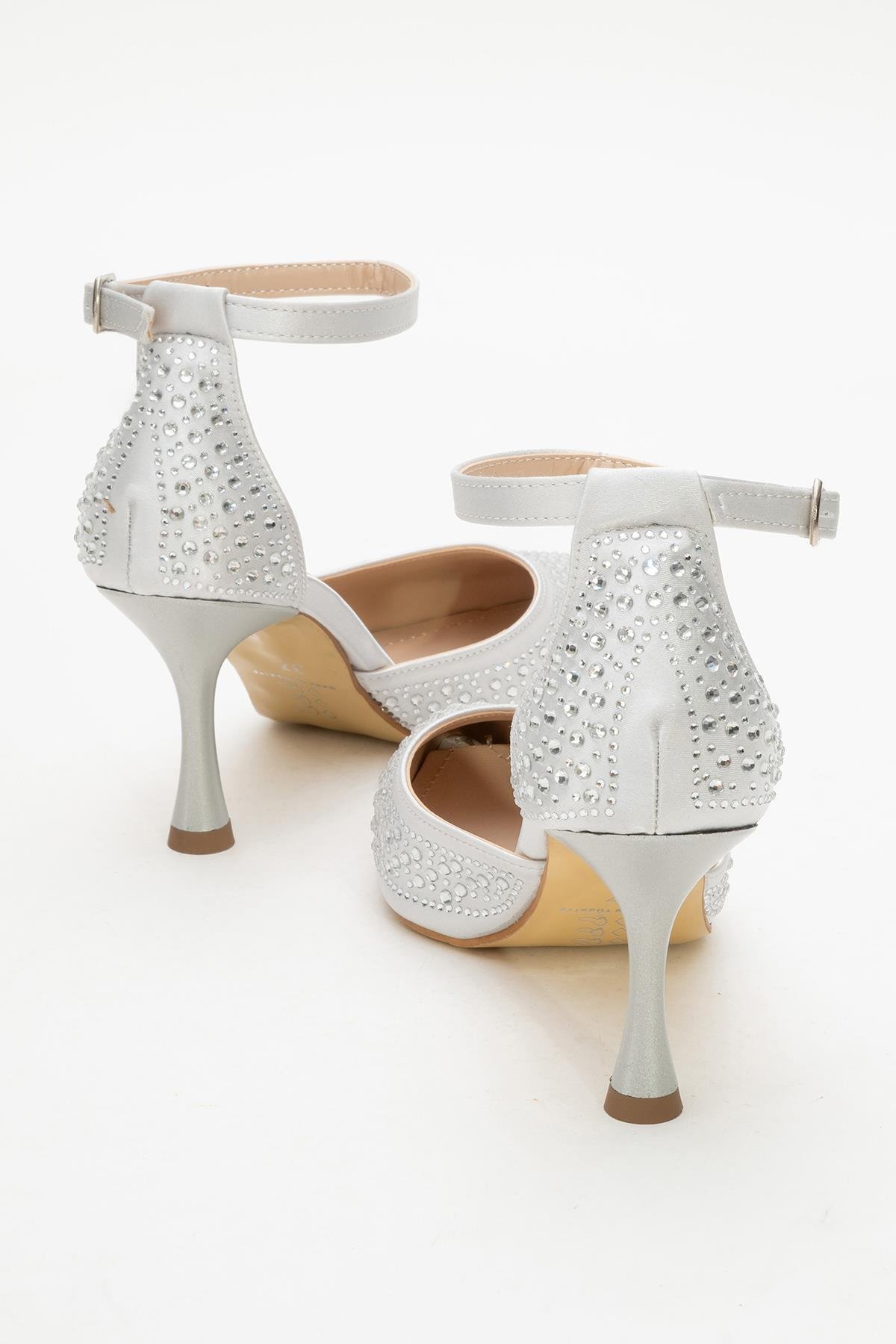 Taşlı Sivri Burunlu Kadın Topuklu Ayakkabı GÜMÜŞ SATEN - Görsel 5