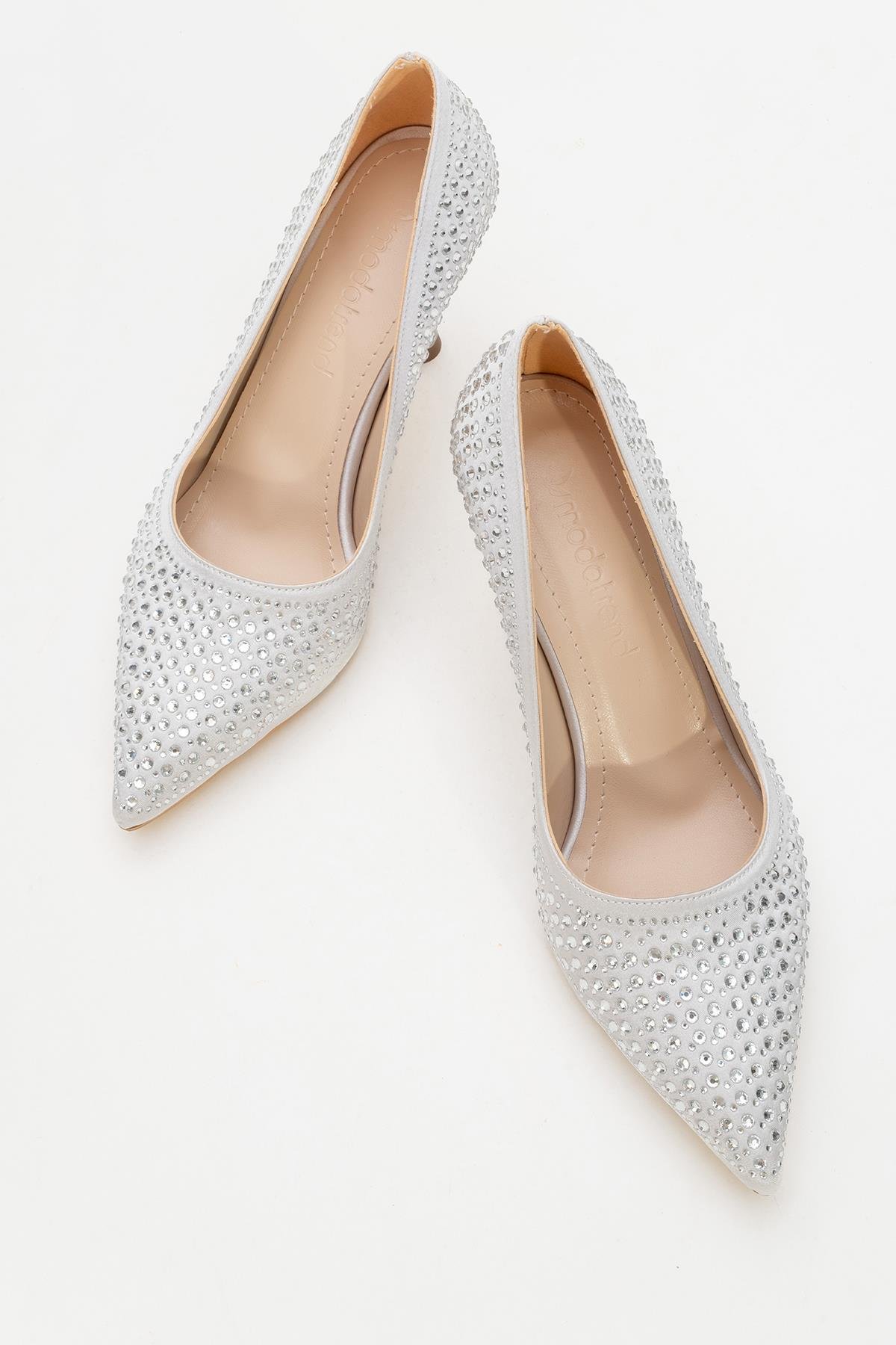 Taşlı Sivri Burunlu Stiletto Kadın Topuklu Ayakkabı GÜMÜŞ SATEN - Görsel 6