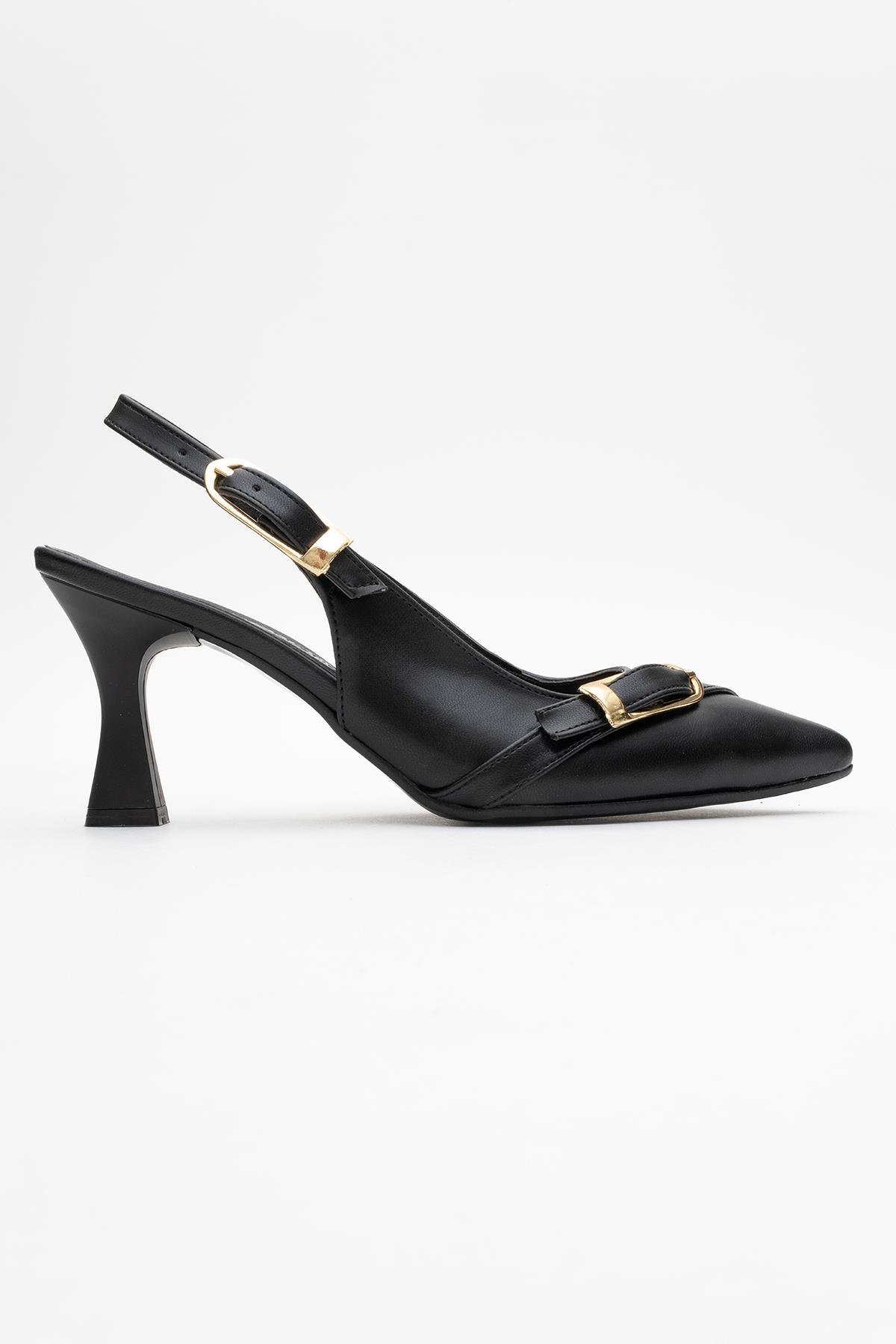 Kadın Tokalı Açık Topuklu Ayakkabı SİYAH CİLT - Görsel 3