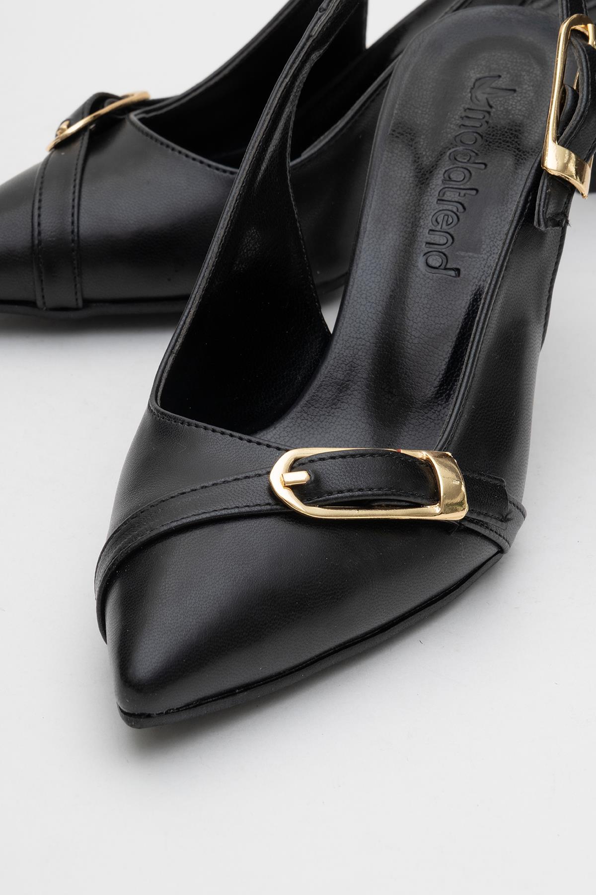 Kadın Tokalı Açık Topuklu Ayakkabı SİYAH CİLT - Görsel 4