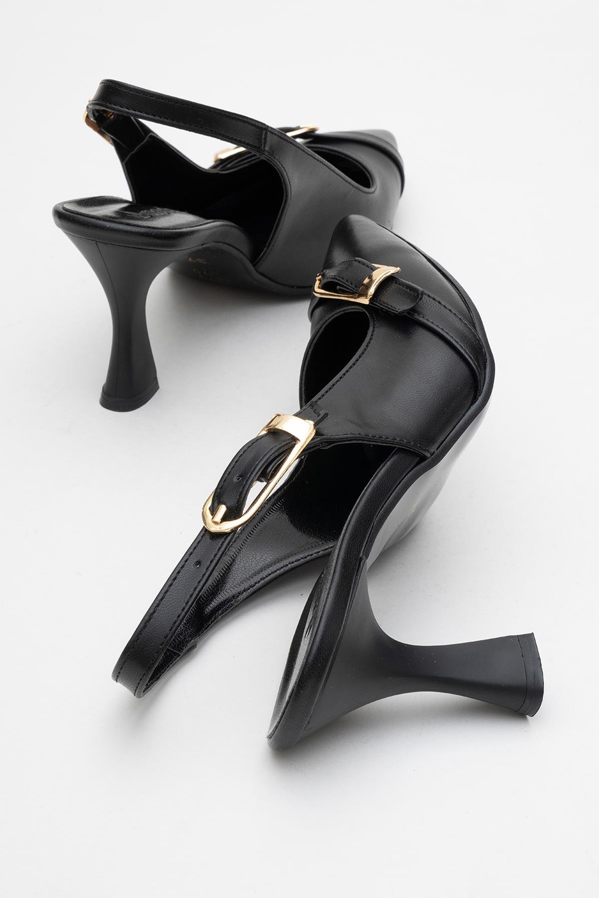 Kadın Tokalı Açık Topuklu Ayakkabı SİYAH CİLT - Görsel 5
