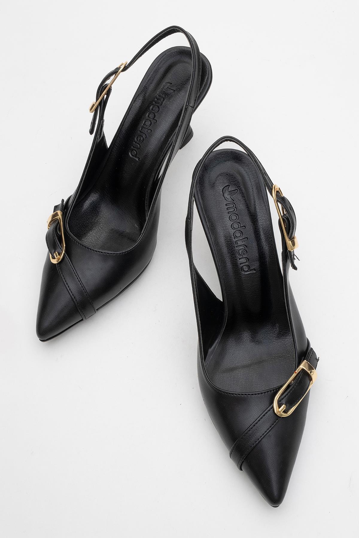 Kadın Tokalı Açık Topuklu Ayakkabı SİYAH CİLT - Görsel 6