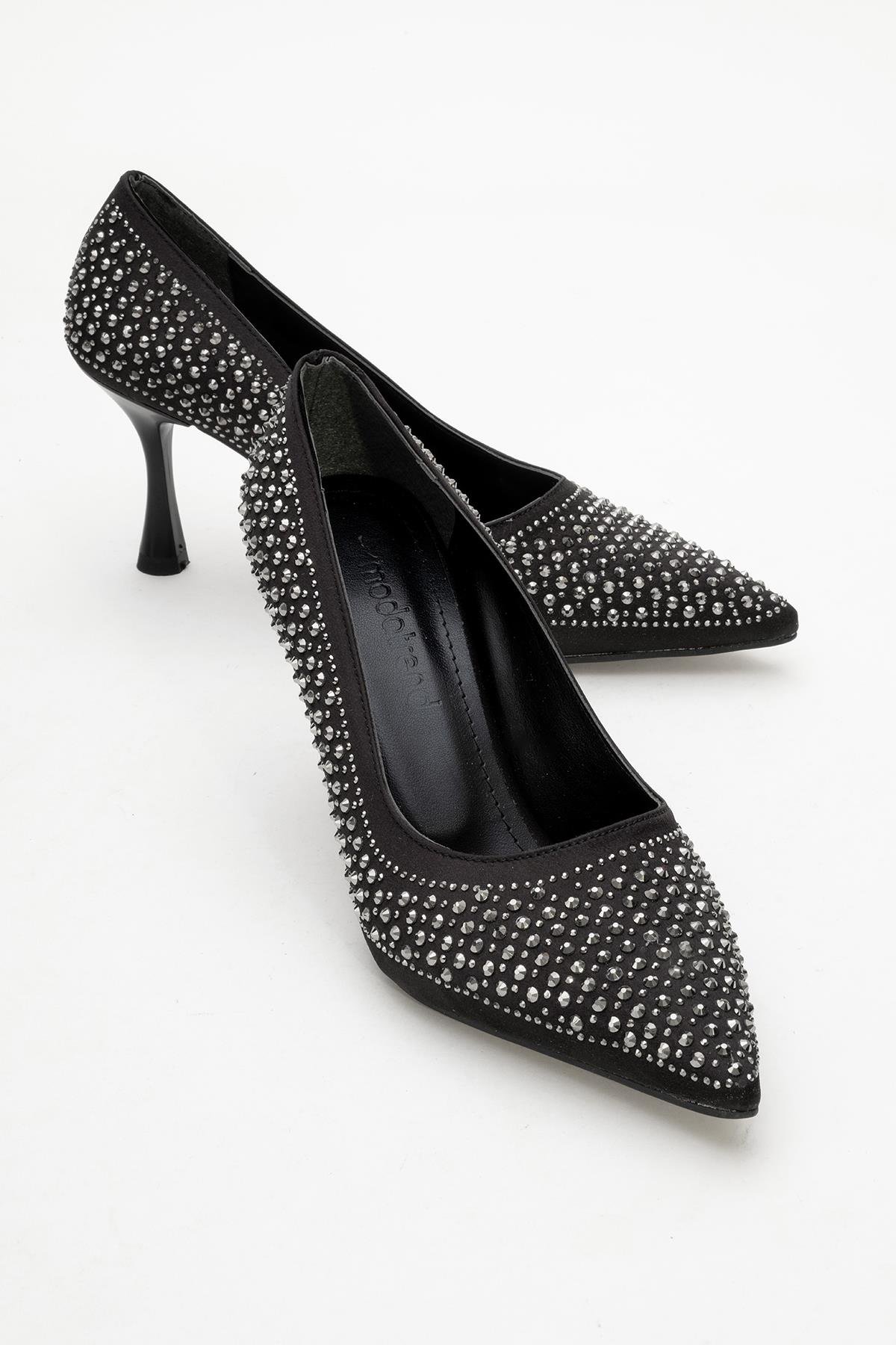 Taşlı Sivri Burunlu Stiletto Kadın Topuklu Ayakkabı SİYAH SATEN - Görsel 2
