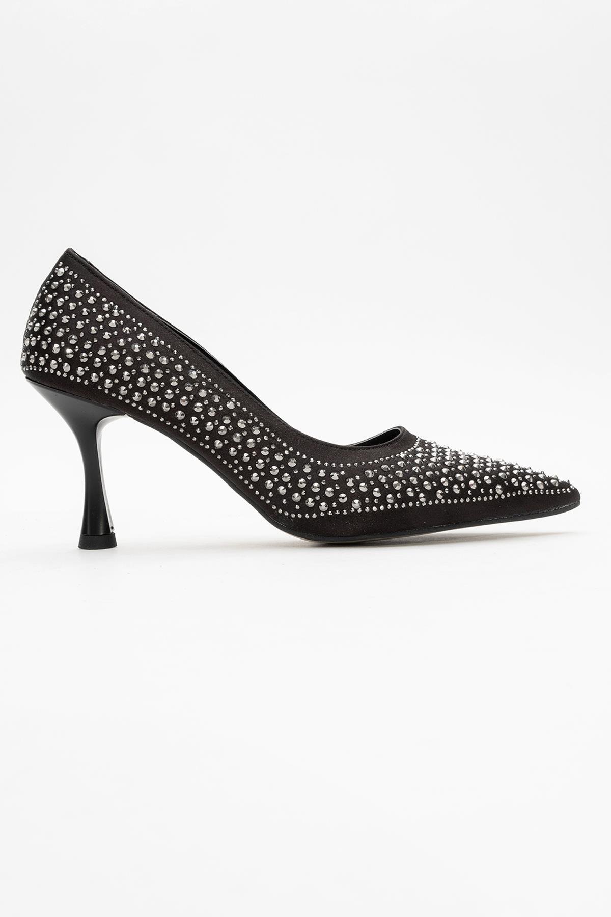 Taşlı Sivri Burunlu Stiletto Kadın Topuklu Ayakkabı SİYAH SATEN - Görsel 3