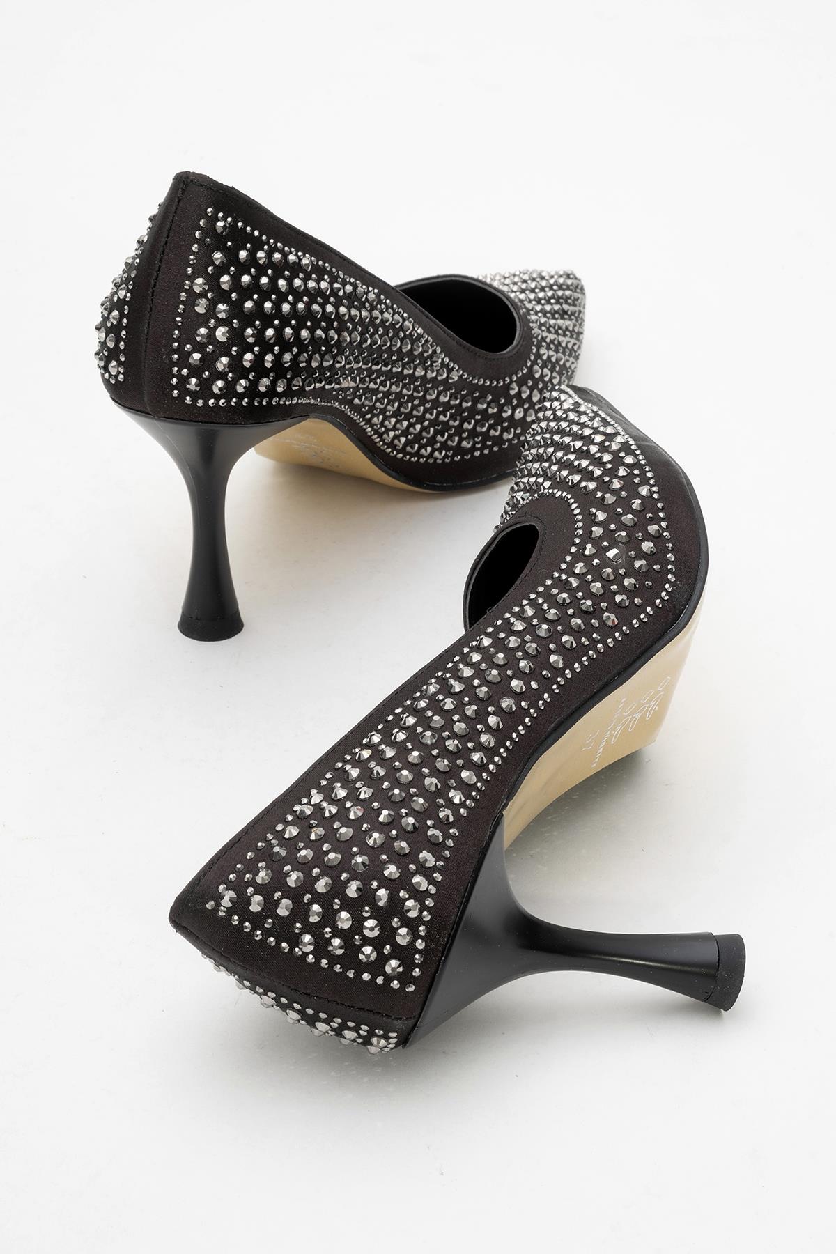 Taşlı Sivri Burunlu Stiletto Kadın Topuklu Ayakkabı SİYAH SATEN - Görsel 5