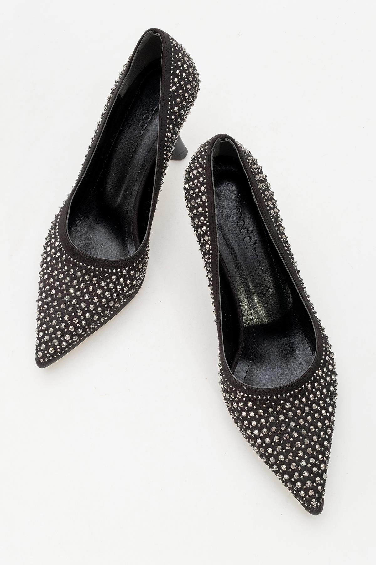 Taşlı Sivri Burunlu Stiletto Kadın Topuklu Ayakkabı SİYAH SATEN - Görsel 6