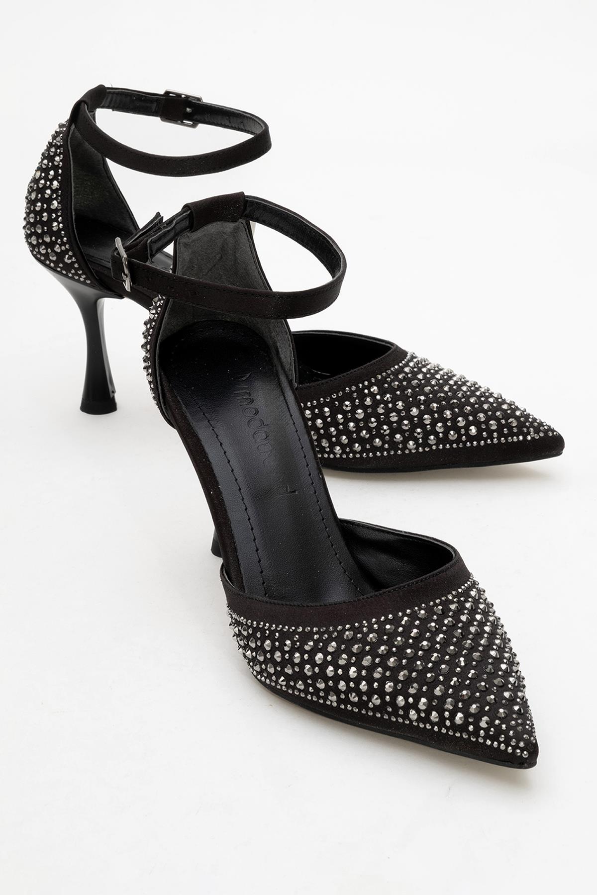 Taşlı Sivri Burunlu Kadın Topuklu Ayakkabı SİYAH SATEN - Görsel 2