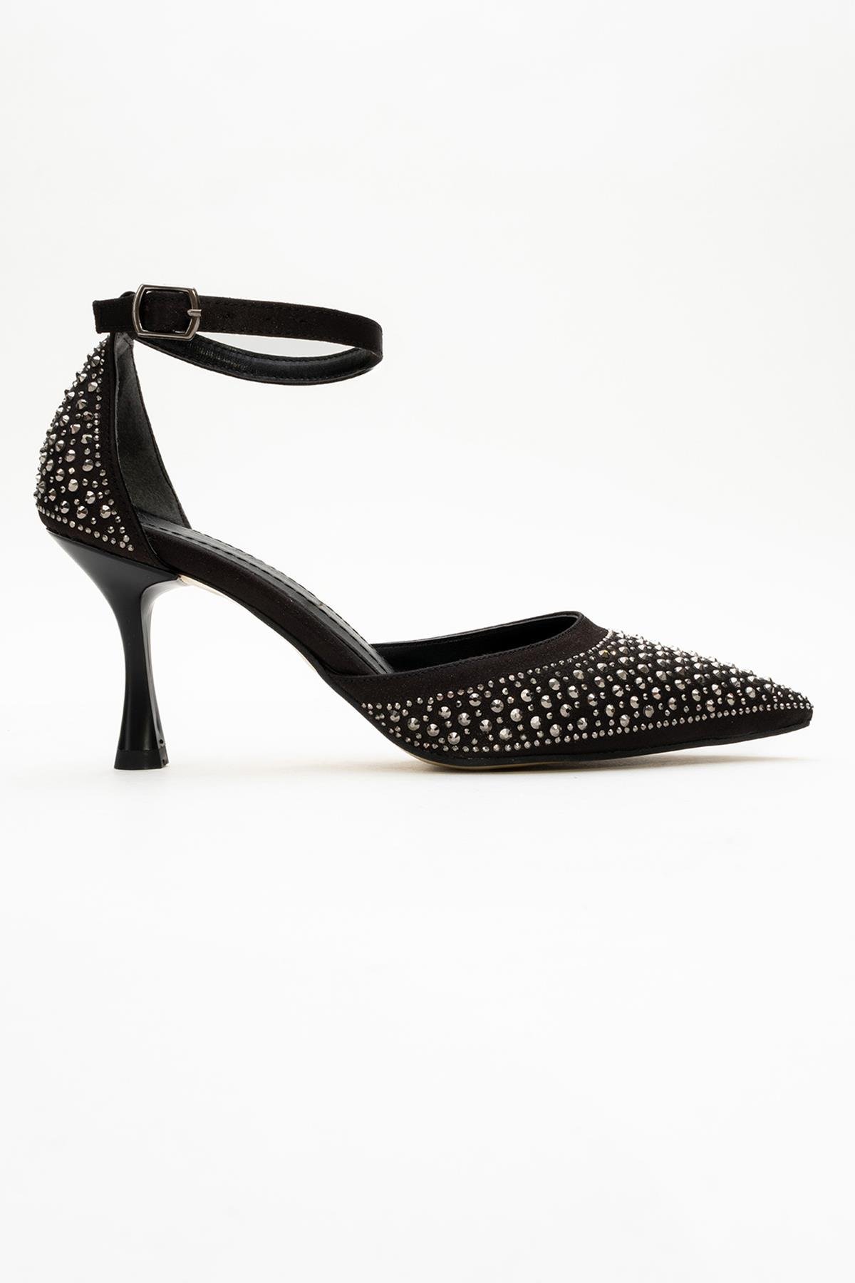 Taşlı Sivri Burunlu Kadın Topuklu Ayakkabı SİYAH SATEN - Görsel 3