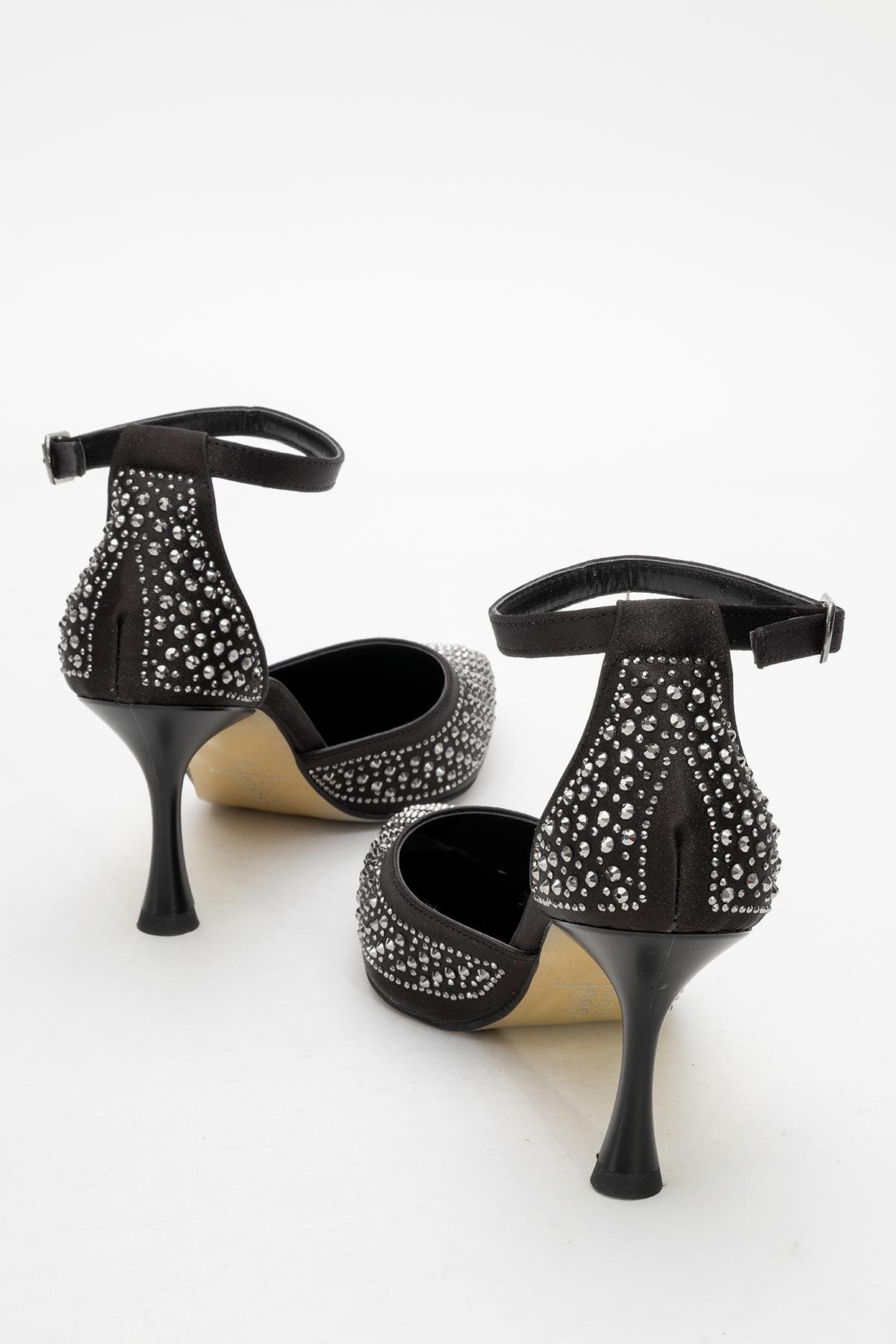 Taşlı Sivri Burunlu Kadın Topuklu Ayakkabı SİYAH SATEN - Görsel 5