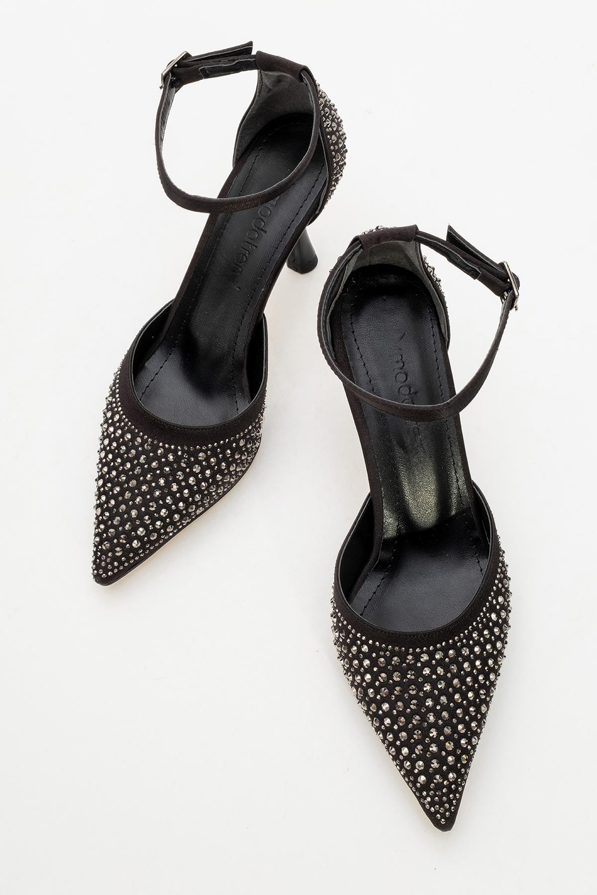 Taşlı Sivri Burunlu Kadın Topuklu Ayakkabı SİYAH SATEN - Görsel 6