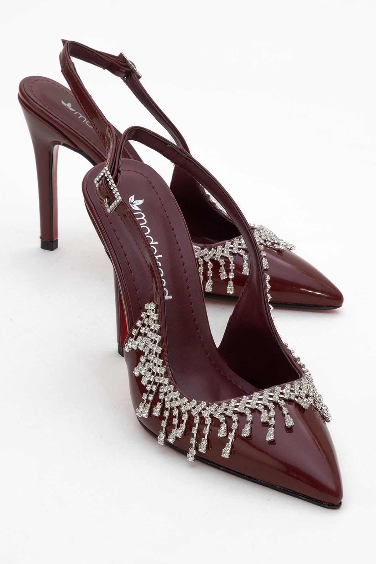 Saçak Taşlı Açık Kadın Stiletto Ayakkabı BORDO RUGAN - Görsel 2