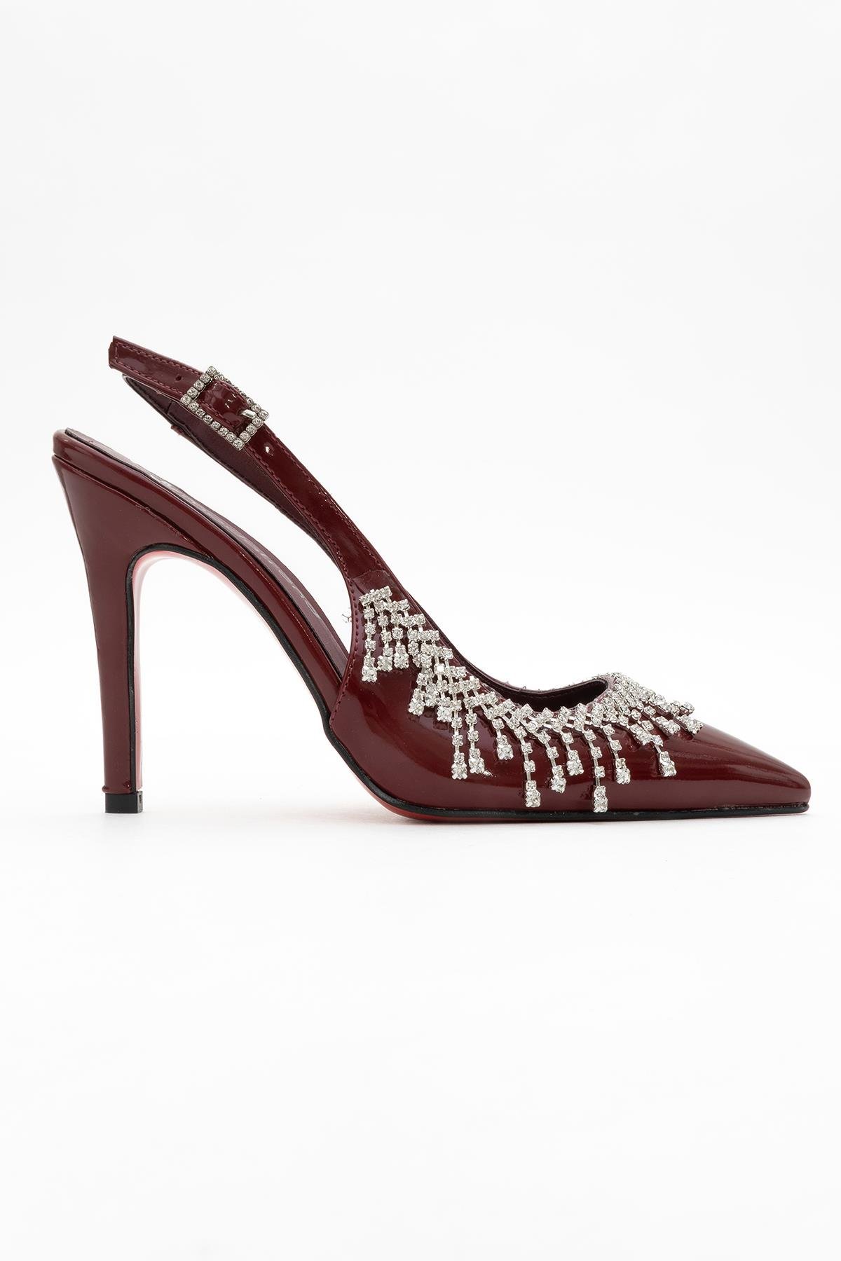 Saçak Taşlı Açık Kadın Stiletto Ayakkabı BORDO RUGAN - Görsel 3