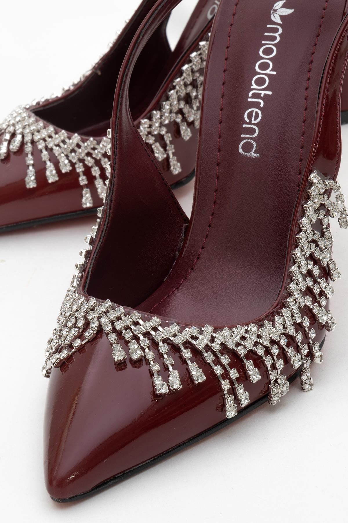 Saçak Taşlı Açık Kadın Stiletto Ayakkabı BORDO RUGAN - Görsel 4