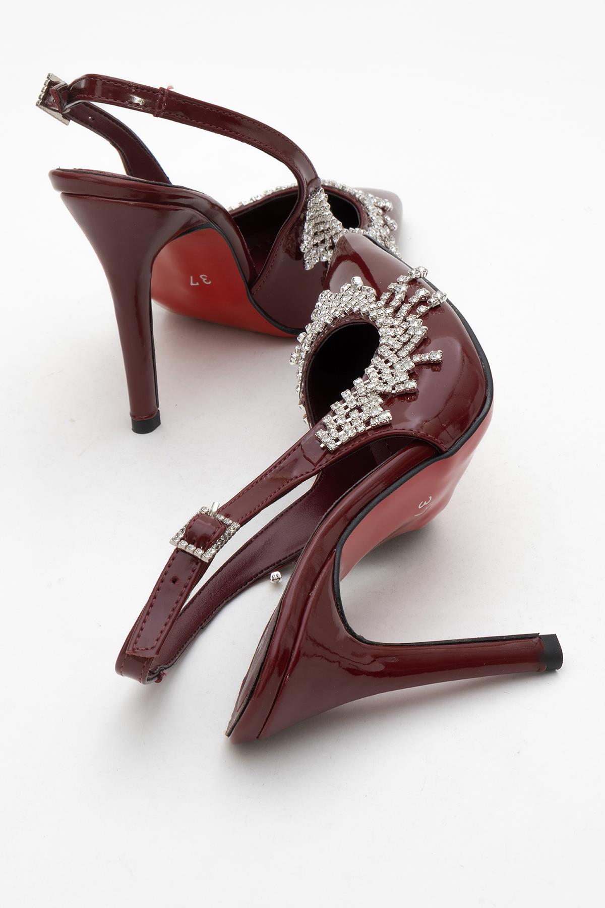 Saçak Taşlı Açık Kadın Stiletto Ayakkabı BORDO RUGAN - Görsel 5