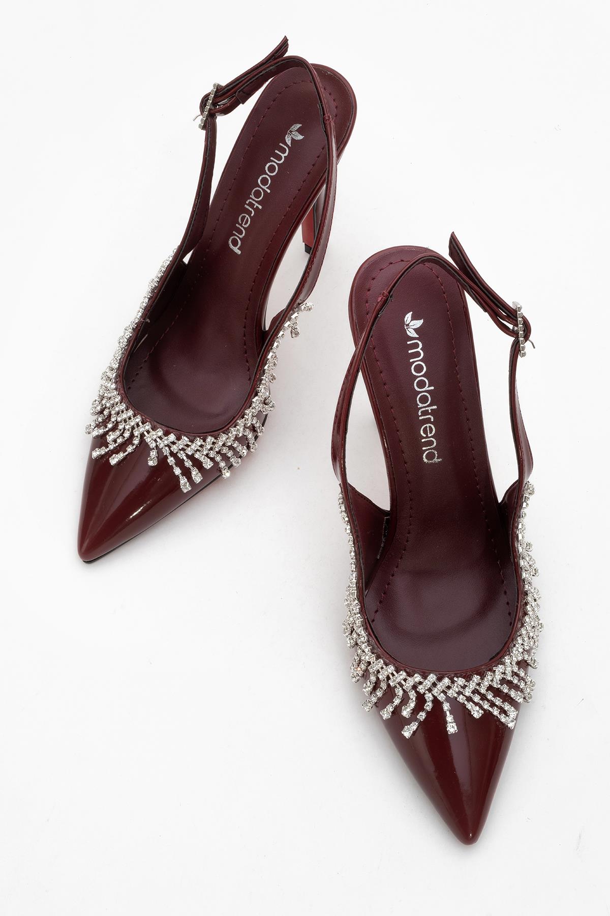 Saçak Taşlı Açık Kadın Stiletto Ayakkabı BORDO RUGAN - Görsel 6