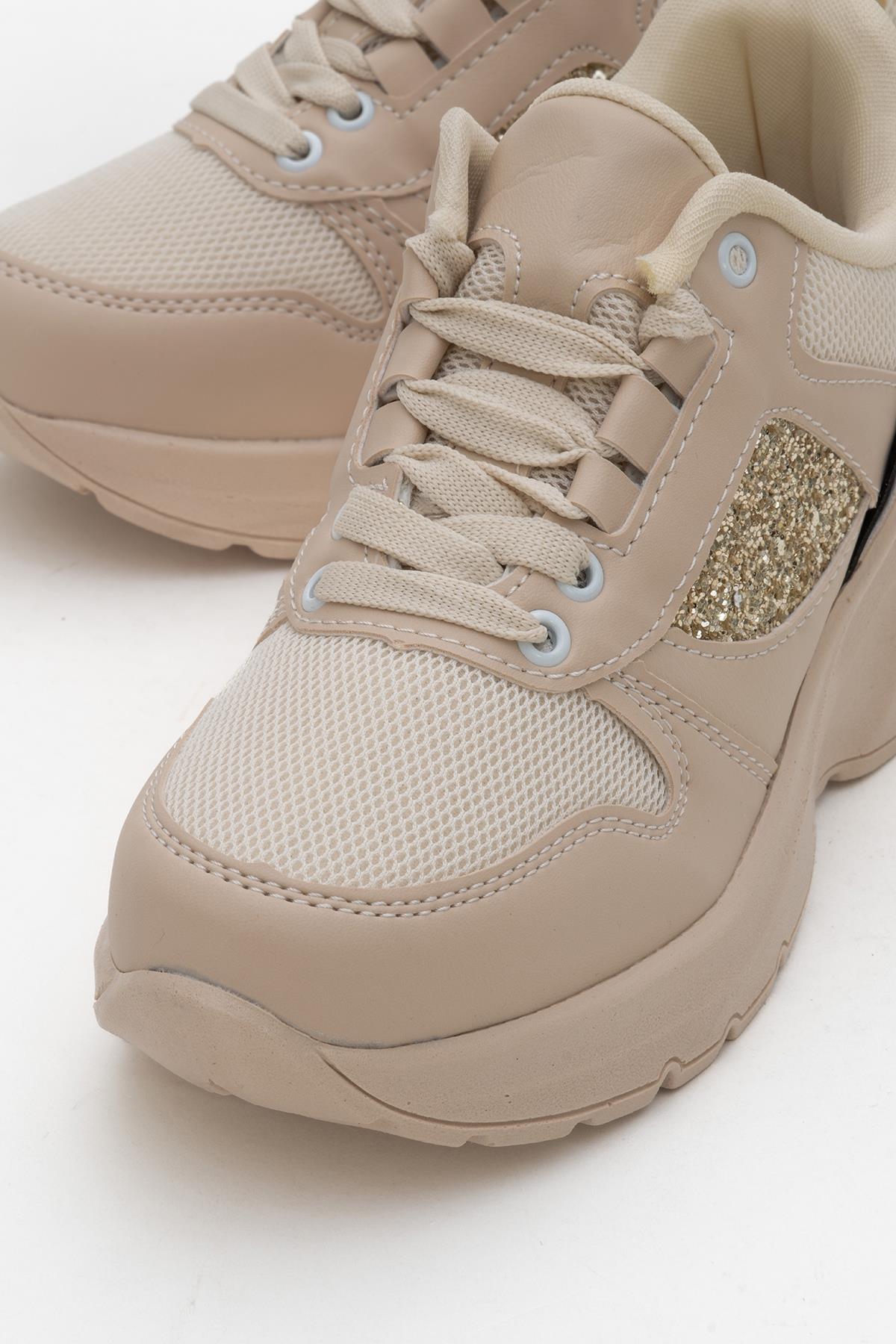Kadın Anorak Yüksek Taban Simli Spor Ayakkab BEJ - Görsel 4