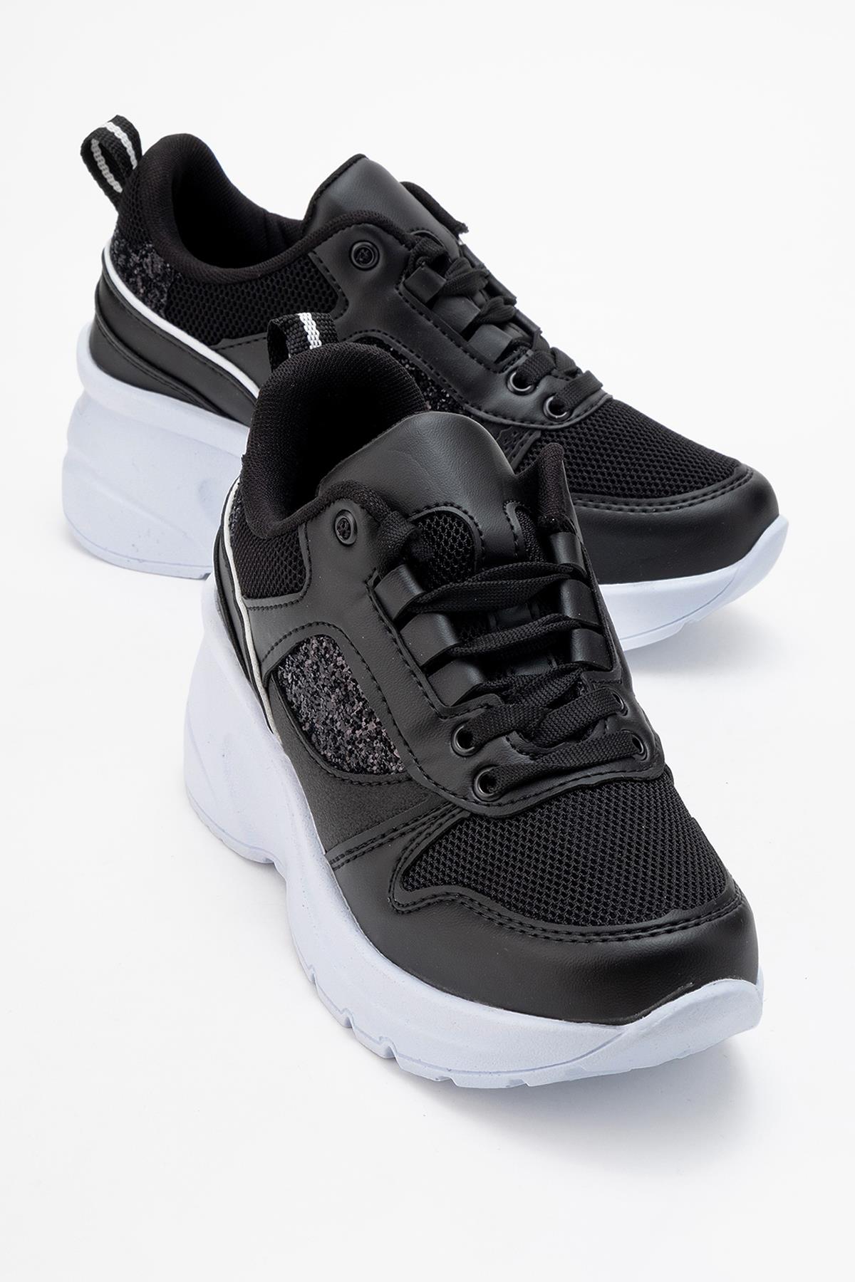 Kadın Anorak Yüksek Taban Simli Spor Ayakkab SİYAH BEYAZ - Görsel 2