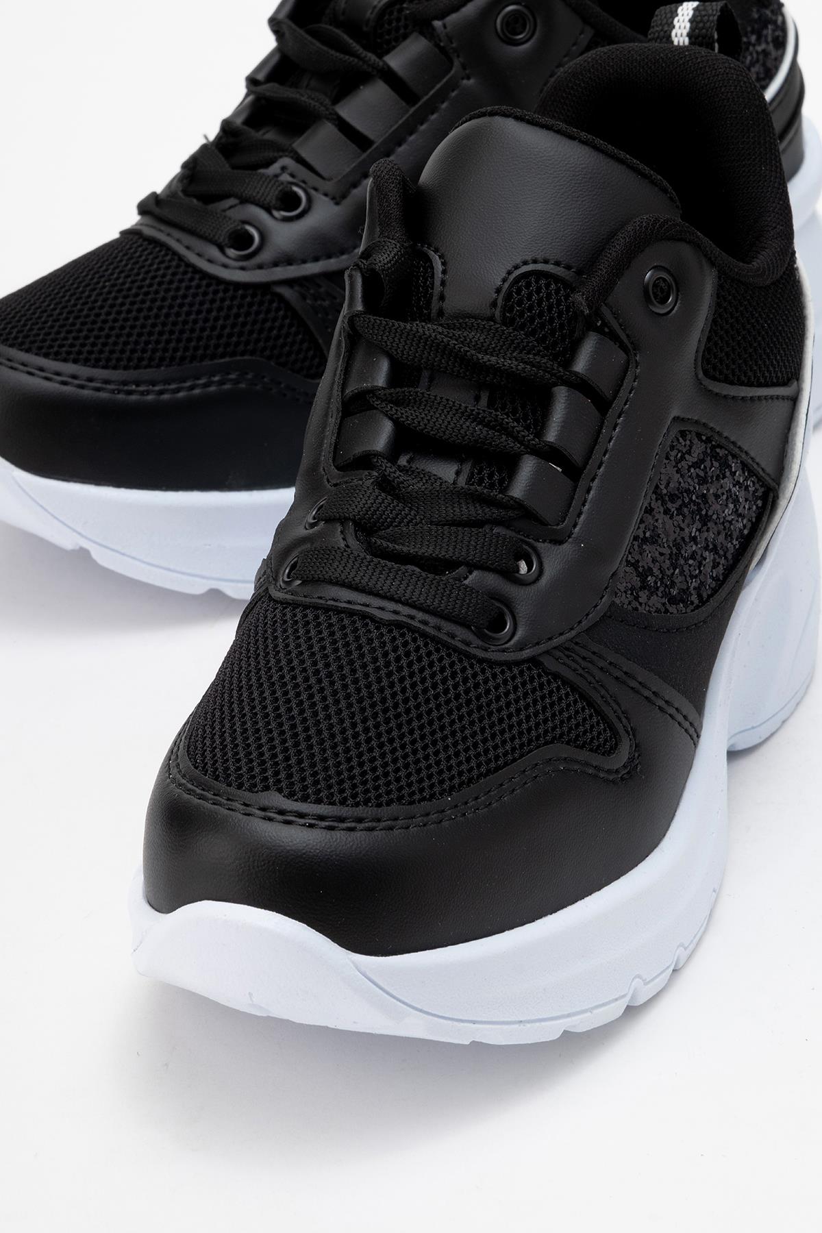 Kadın Anorak Yüksek Taban Simli Spor Ayakkab SİYAH BEYAZ - Görsel 3