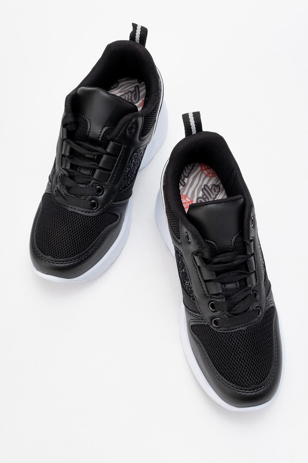 Kadın Anorak Yüksek Taban Simli Spor Ayakkab SİYAH BEYAZ - Görsel 6