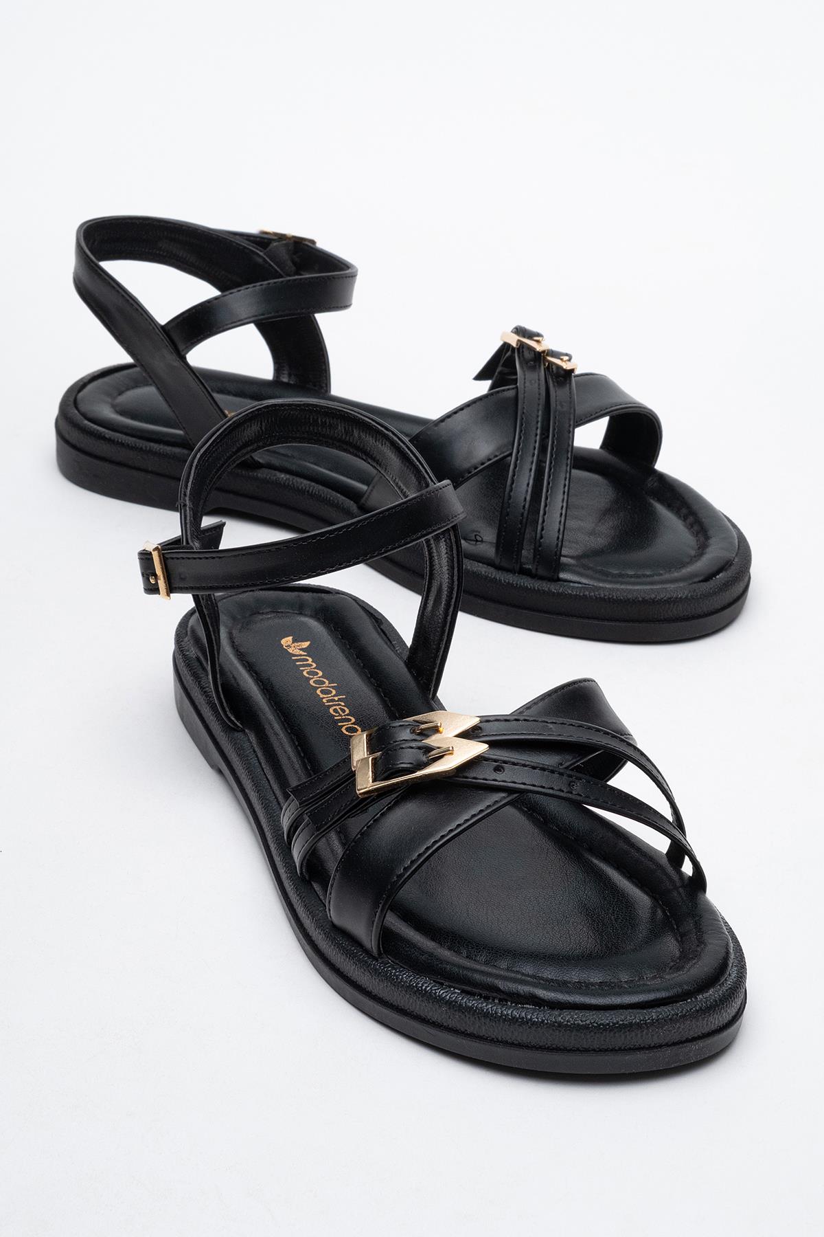 Çift Tokalı Çapraz Kadın Sandalet SİYAH CİLT - Görsel 2