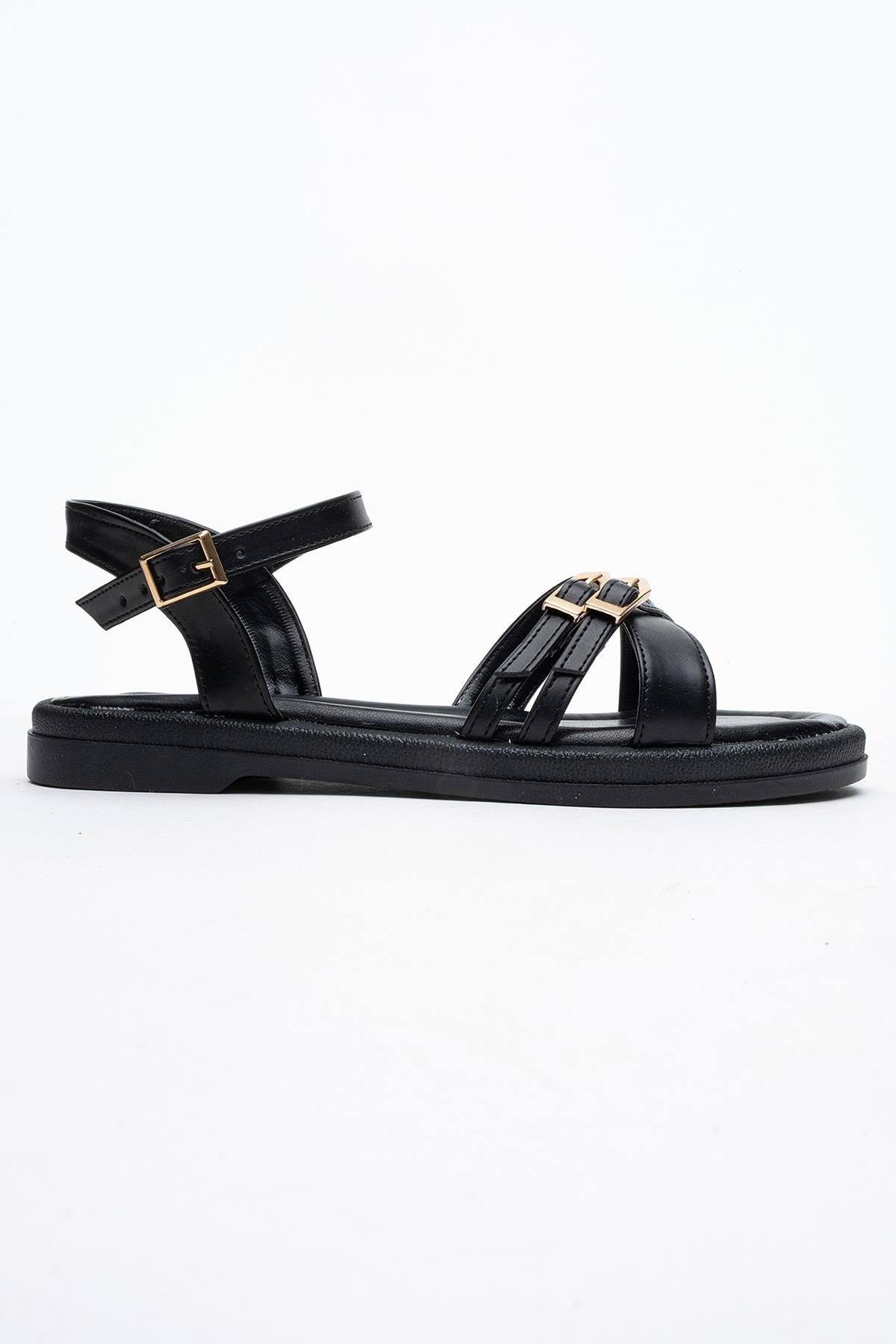 Çift Tokalı Çapraz Kadın Sandalet SİYAH CİLT - Görsel 3