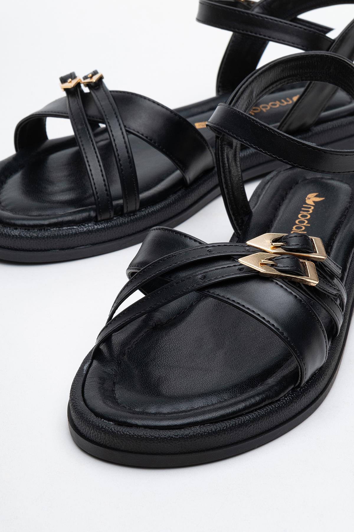 Çift Tokalı Çapraz Kadın Sandalet SİYAH CİLT - Görsel 4