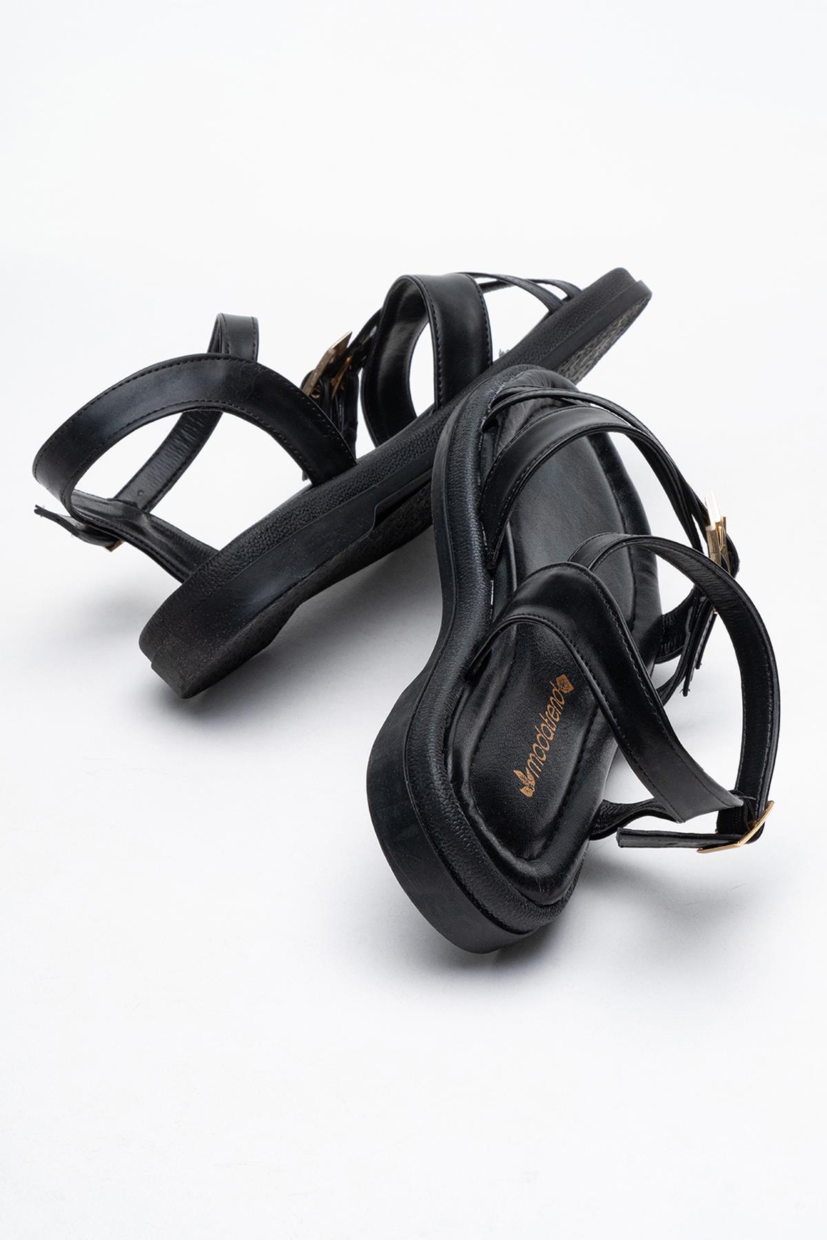 Çift Tokalı Çapraz Kadın Sandalet SİYAH CİLT - Görsel 5