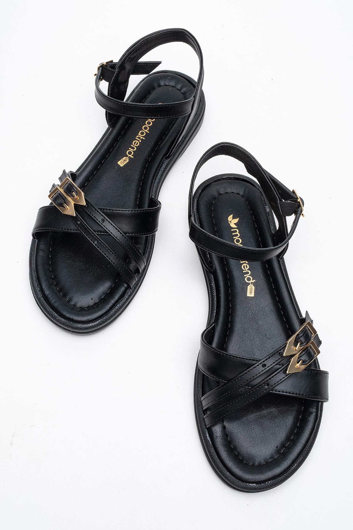 Çift Tokalı Çapraz Kadın Sandalet SİYAH CİLT - Görsel 8