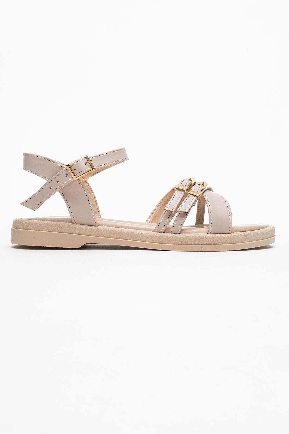 Çift Tokalı Çapraz Kadın Sandalet BEJ CİLT - Görsel 3