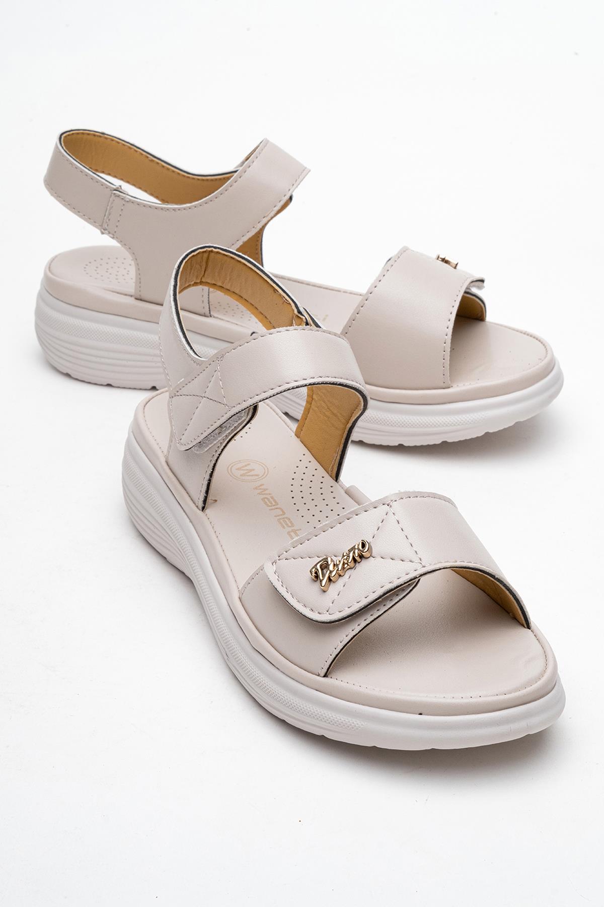 Kadın Çift Cırtlı Sandalet KREM - Görsel 2