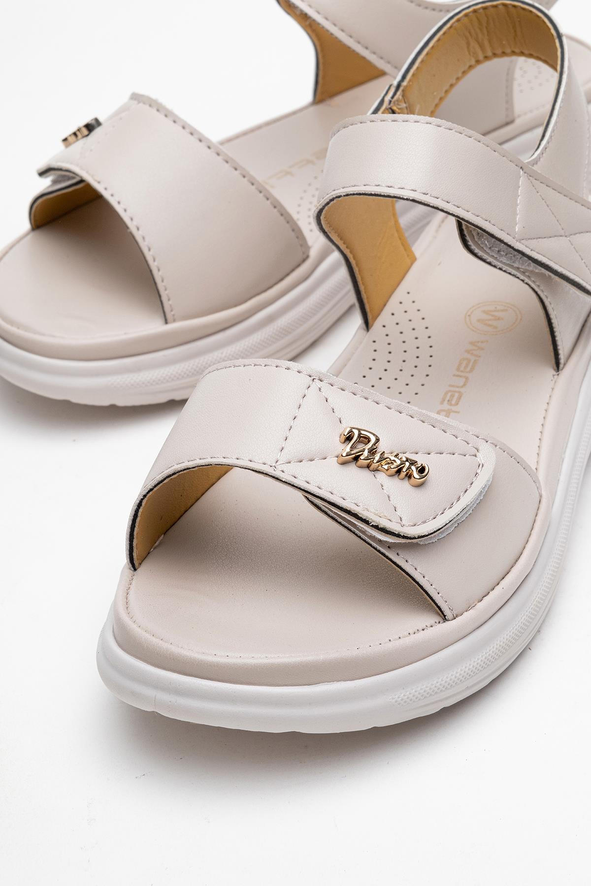 Kadın Çift Cırtlı Sandalet KREM - Görsel 4
