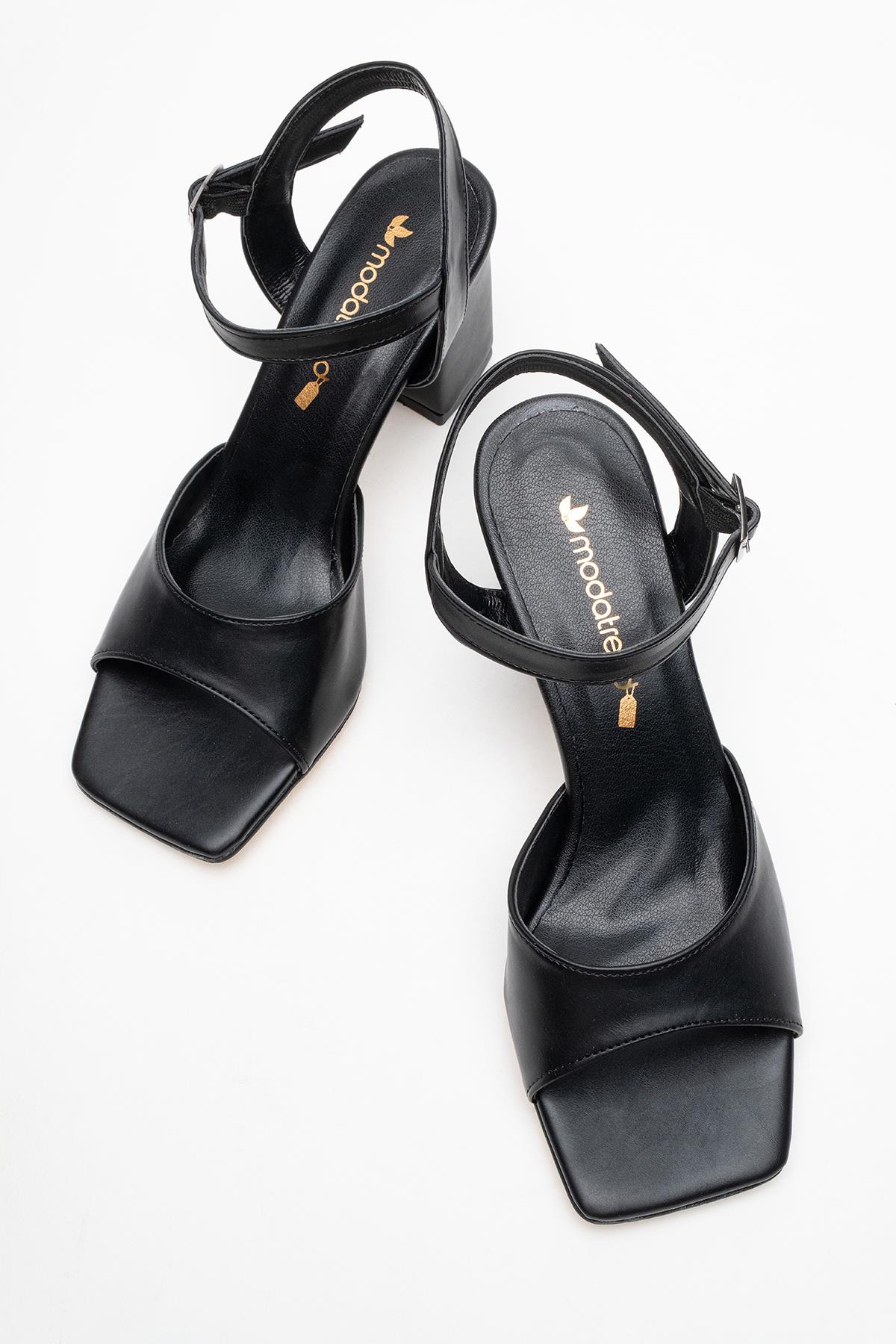 Kadın Bantlı Topuklu Sandalet Ayakkabı SİYAH CİLT - Görsel 6